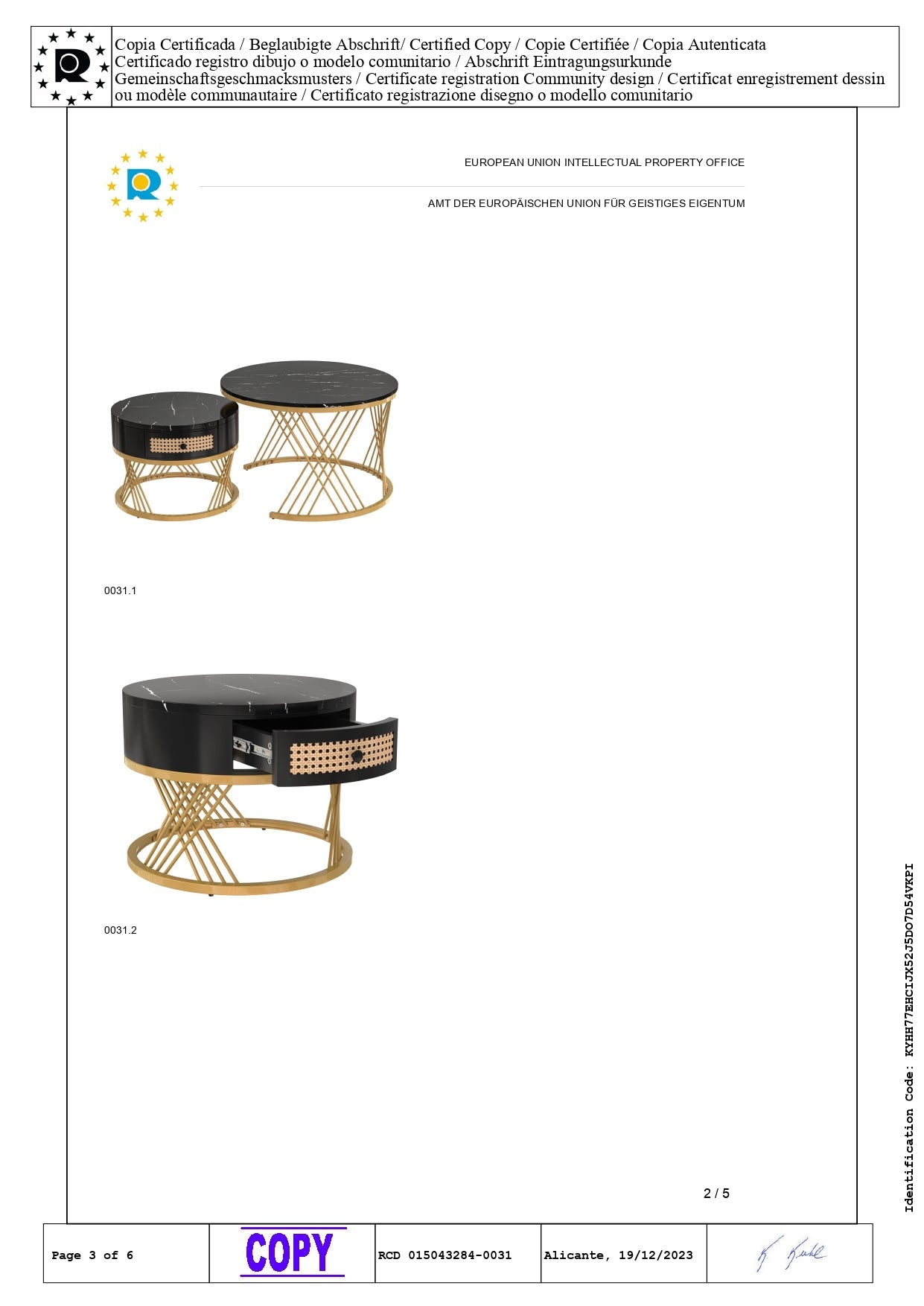 Logidon 2in1 salontafel zwart marmerlook rotan lades goud 70x70