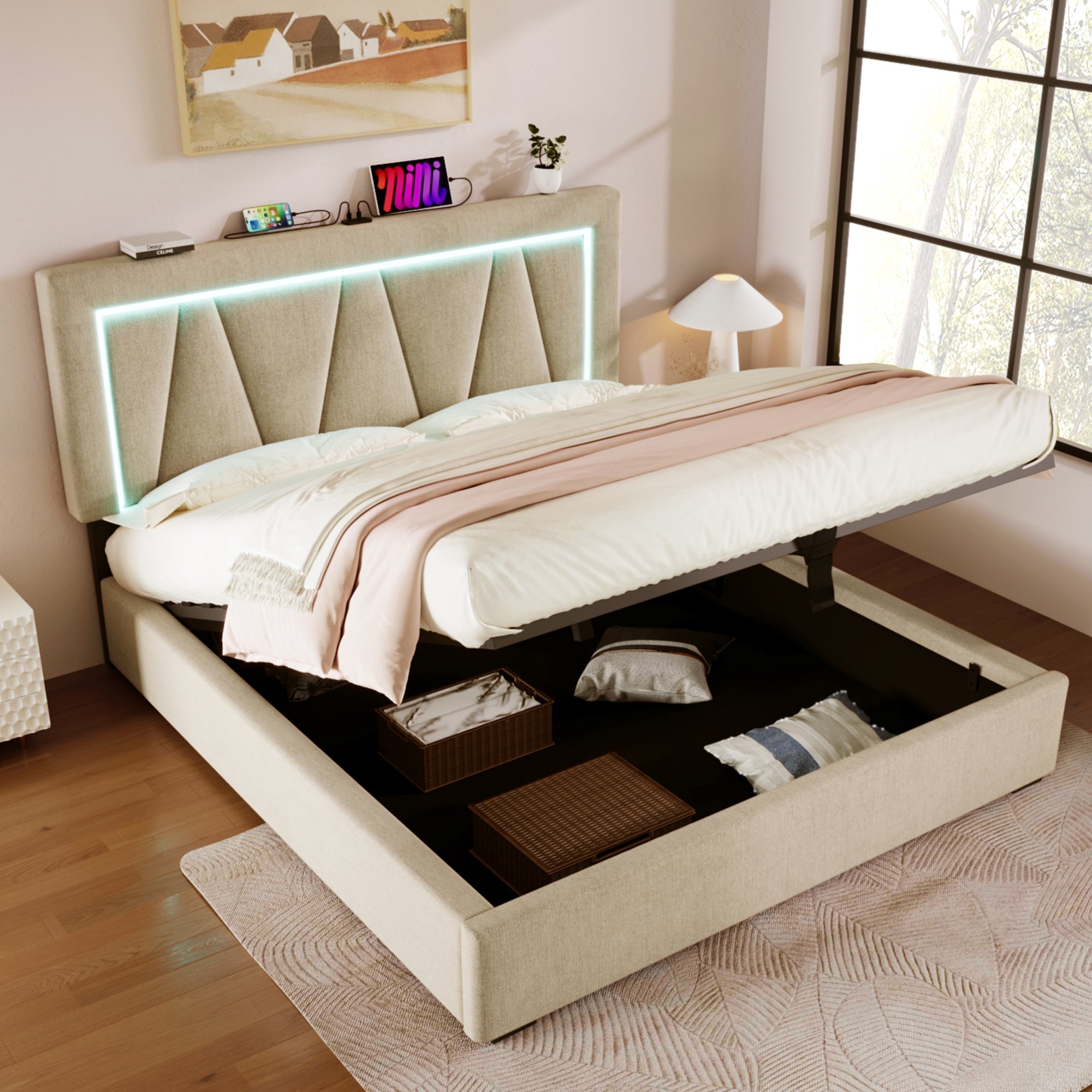 Logidon gestoffeerd bed LED tweepersoonsbed met USB Type C oplaadfunctie 160x200