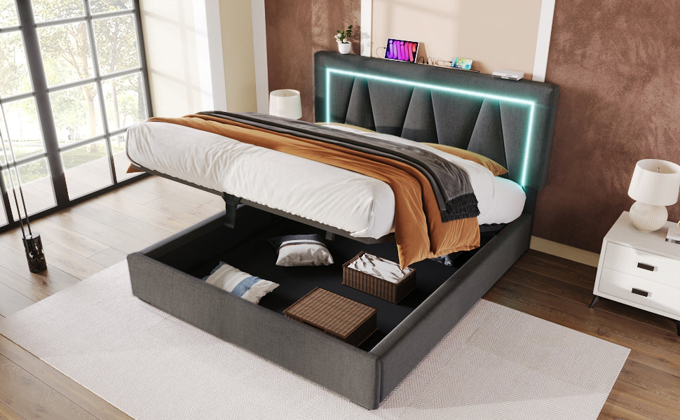 Logidon gestoffeerd bed LED tweepersoonsbed 160x200 grijs USB-C oplaadfunctie