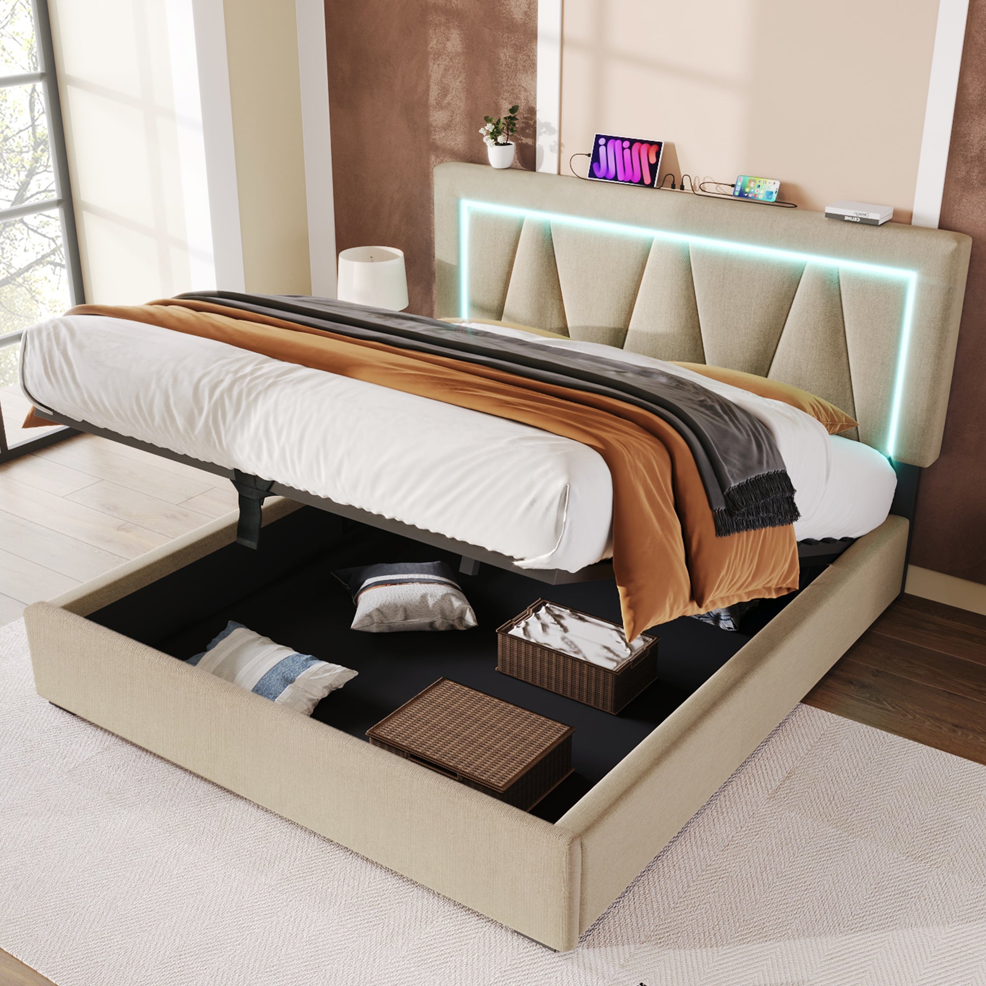Logidon gestoffeerd bed LED-verlichting USB type C 140x200 beige