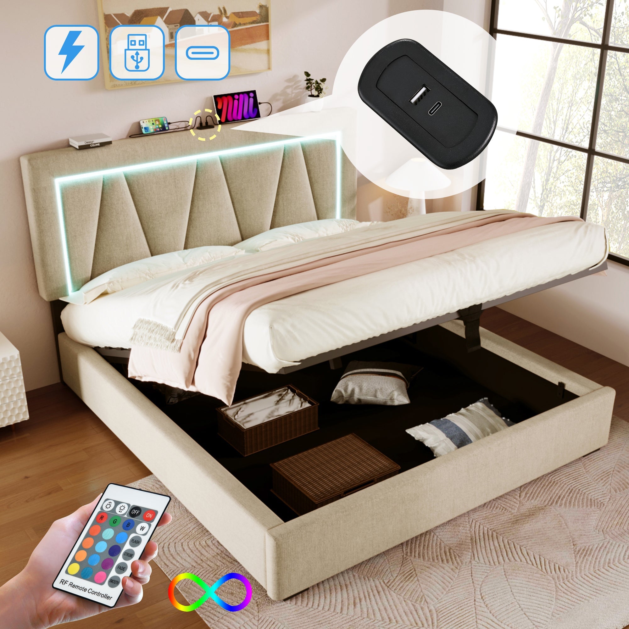 Logidon gestoffeerd bed LED tweepersoonsbed met USB Type C oplaadfunctie 160x200