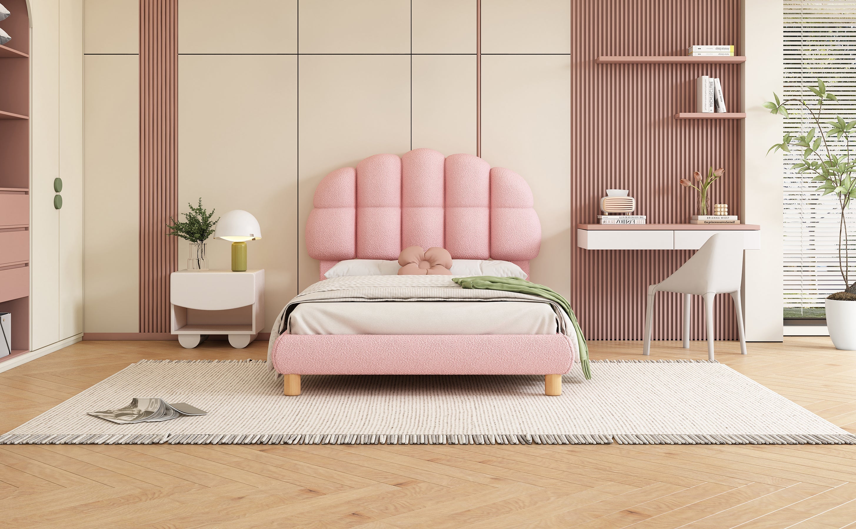 Logidon fluweel gestoffeerd bed 90x200 roze met houten lattenbodem