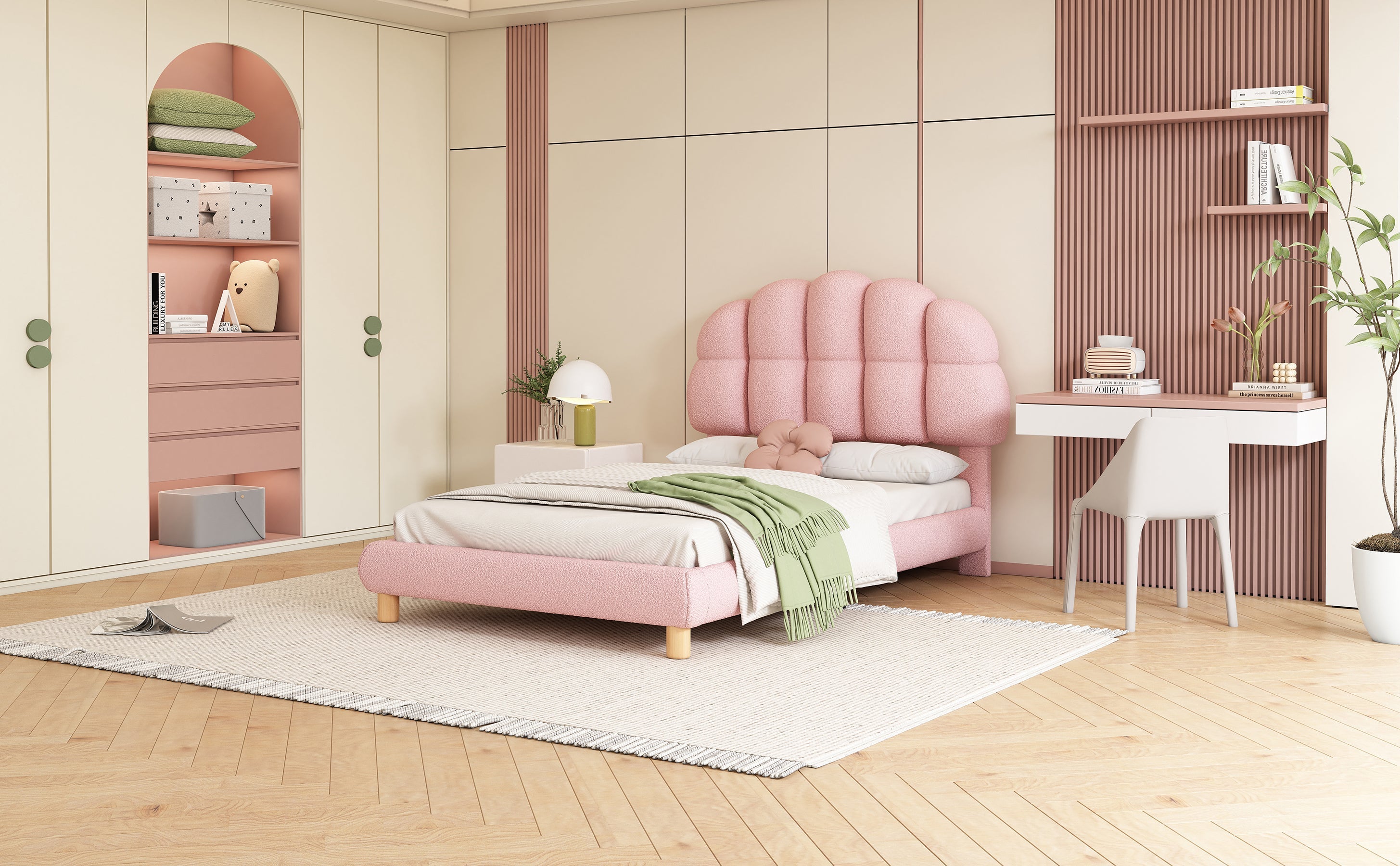 Logidon fluweel gestoffeerd bed 90x200 roze met houten lattenbodem