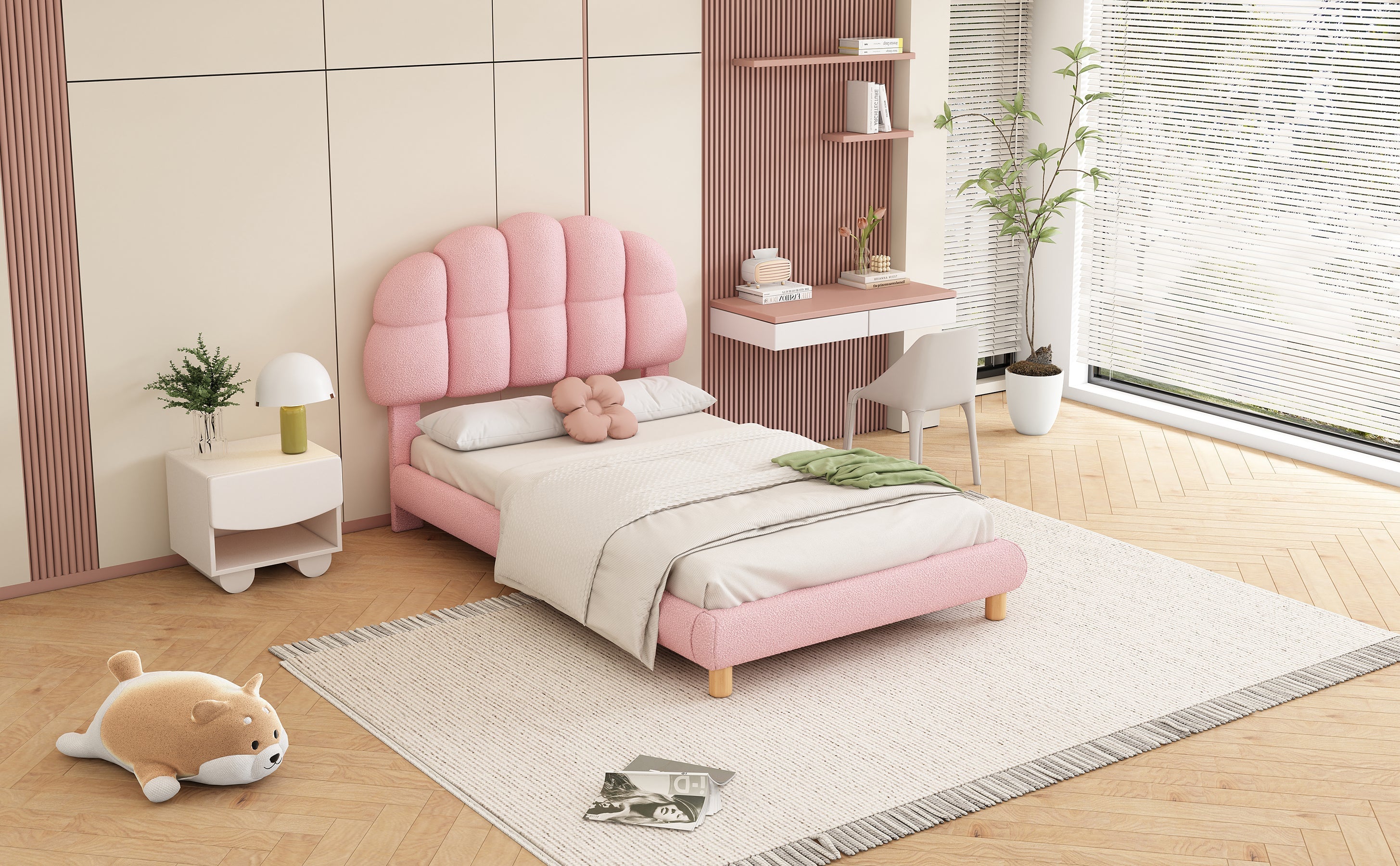 Logidon fluweel gestoffeerd bed 90x200 roze met houten lattenbodem