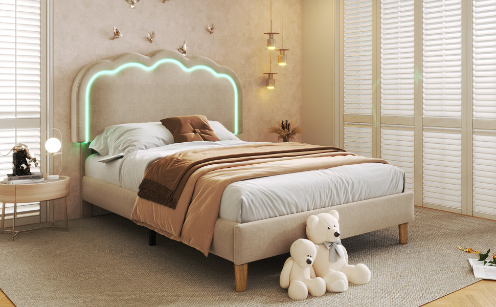 Logidon gestoffeerd bed LED 90x190 beige linnen materiaal verstelbaar hoofdeinde