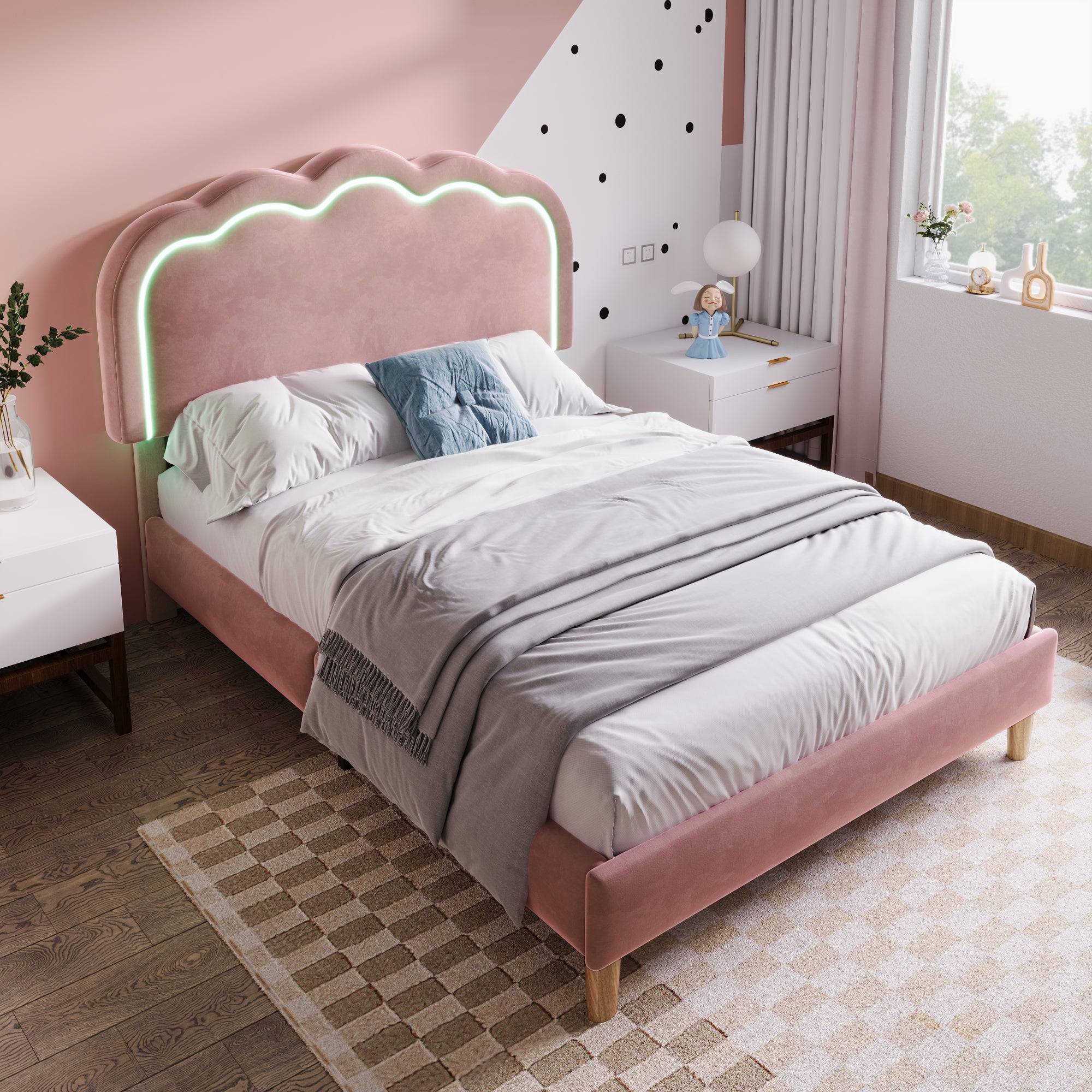 Logidon gestoffeerd bed LED 90x200 roze verstelbaar hoofdbord