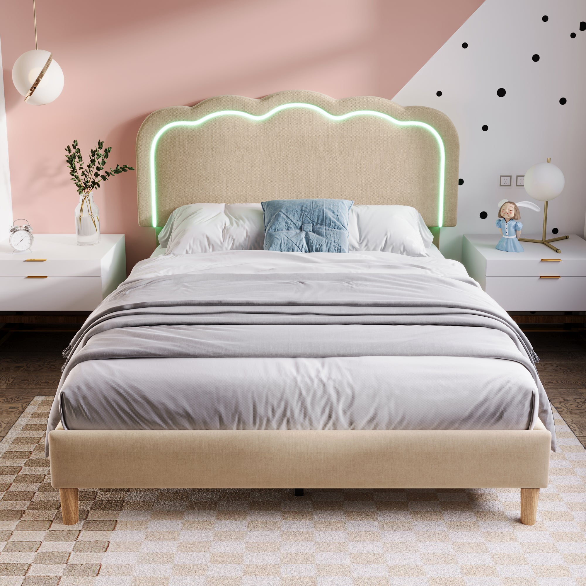 Logidon gestoffeerd bed LED tweepersoonsbed 140x200 beige verstelbaar hoofdbord
