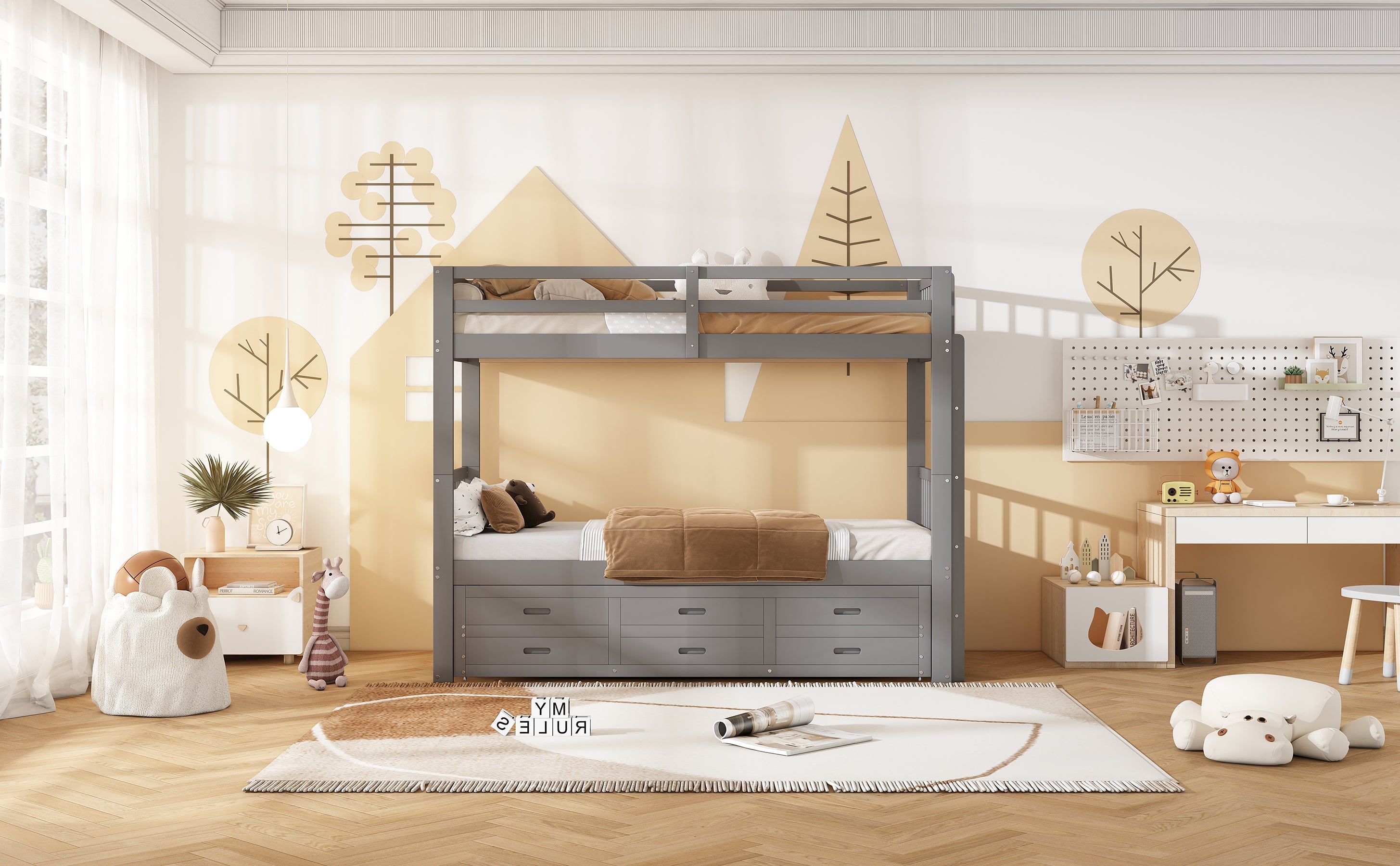 Logidon Bunk Bed 90x200 Gray With Pull-out Bed and 3 Drawers