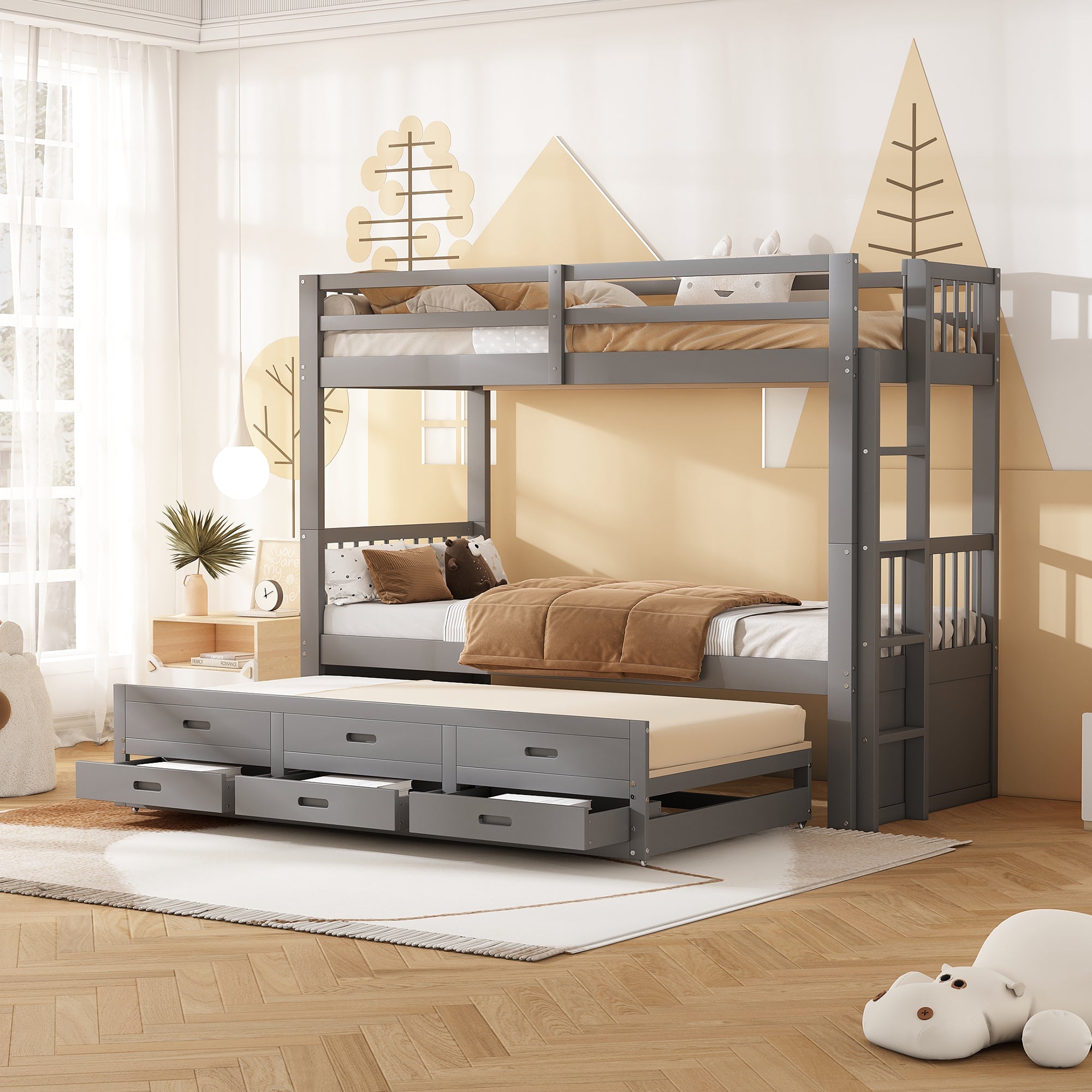 Logidon Bunk Bed 90x200 Gray With Pull-out Bed and 3 Drawers