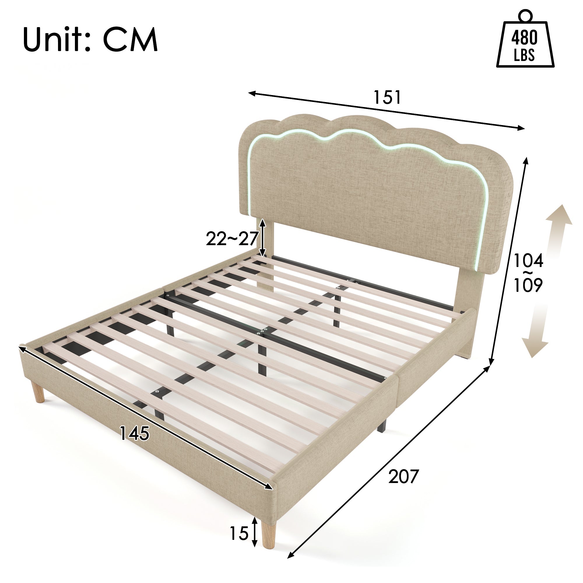 Logidon gestoffeerd bed LED tweepersoonsbed 140x200 beige verstelbaar hoofdbord