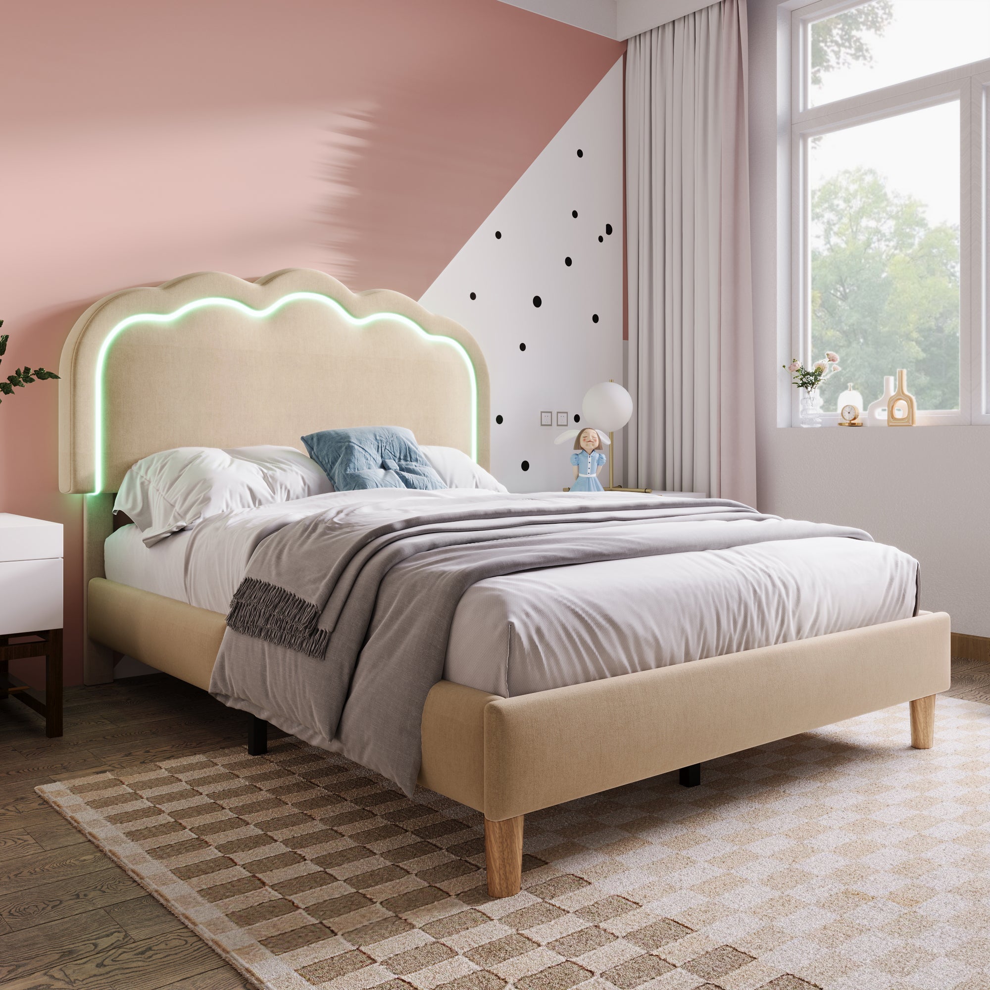 Logidon gestoffeerd bed LED 90x200 beige verstelbaar hoofdeinde