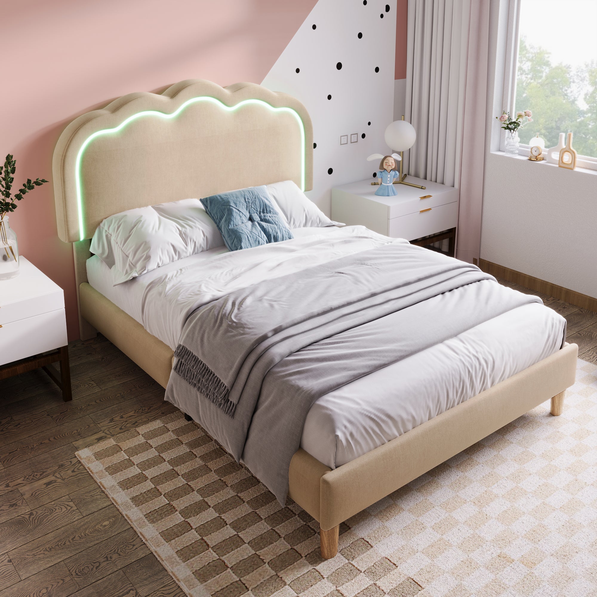 Logidon gestoffeerd bed LED 90x190 beige linnen materiaal verstelbaar hoofdeinde