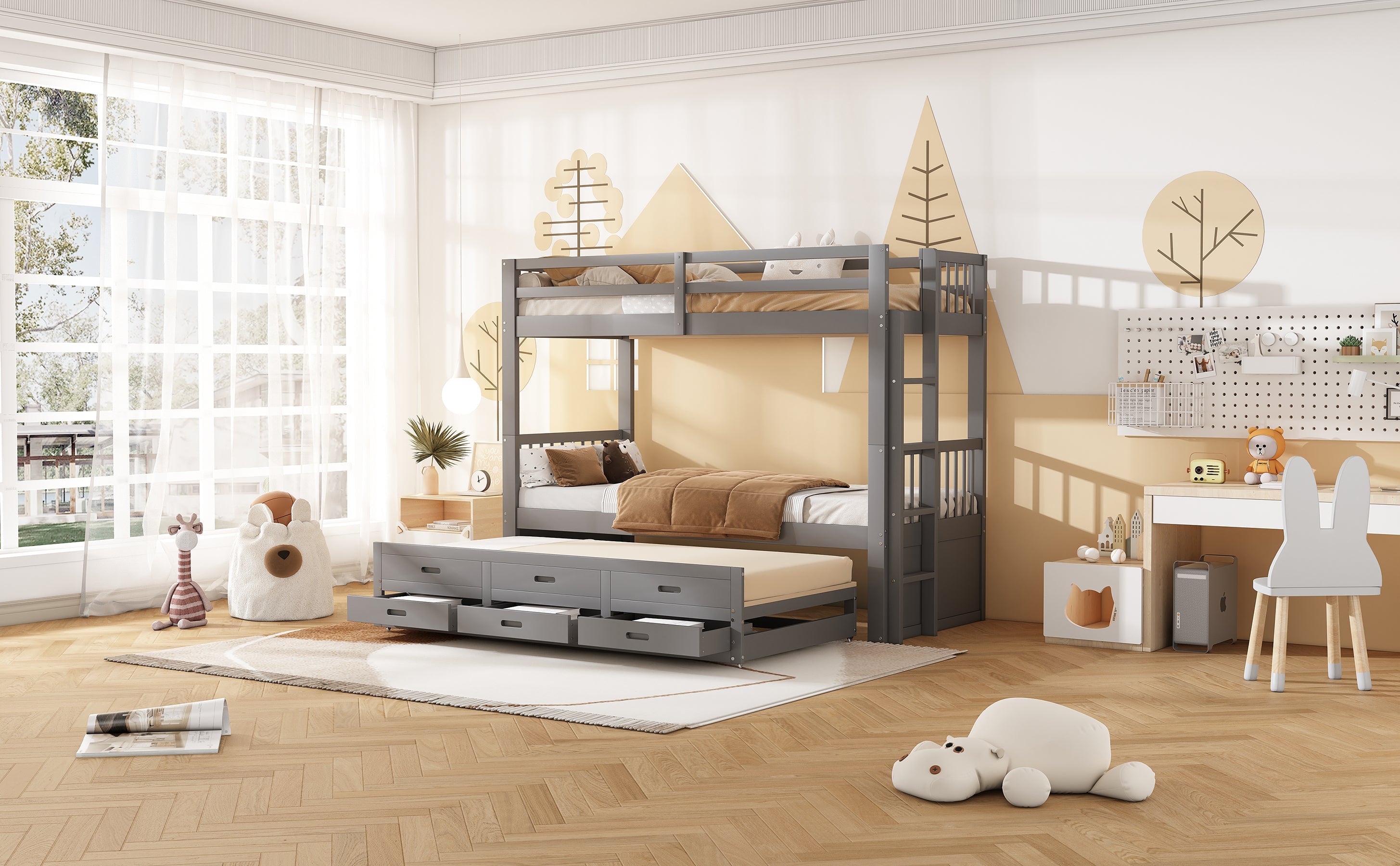 Logidon Bunk Bed 90x200 Gray With Pull-out Bed and 3 Drawers