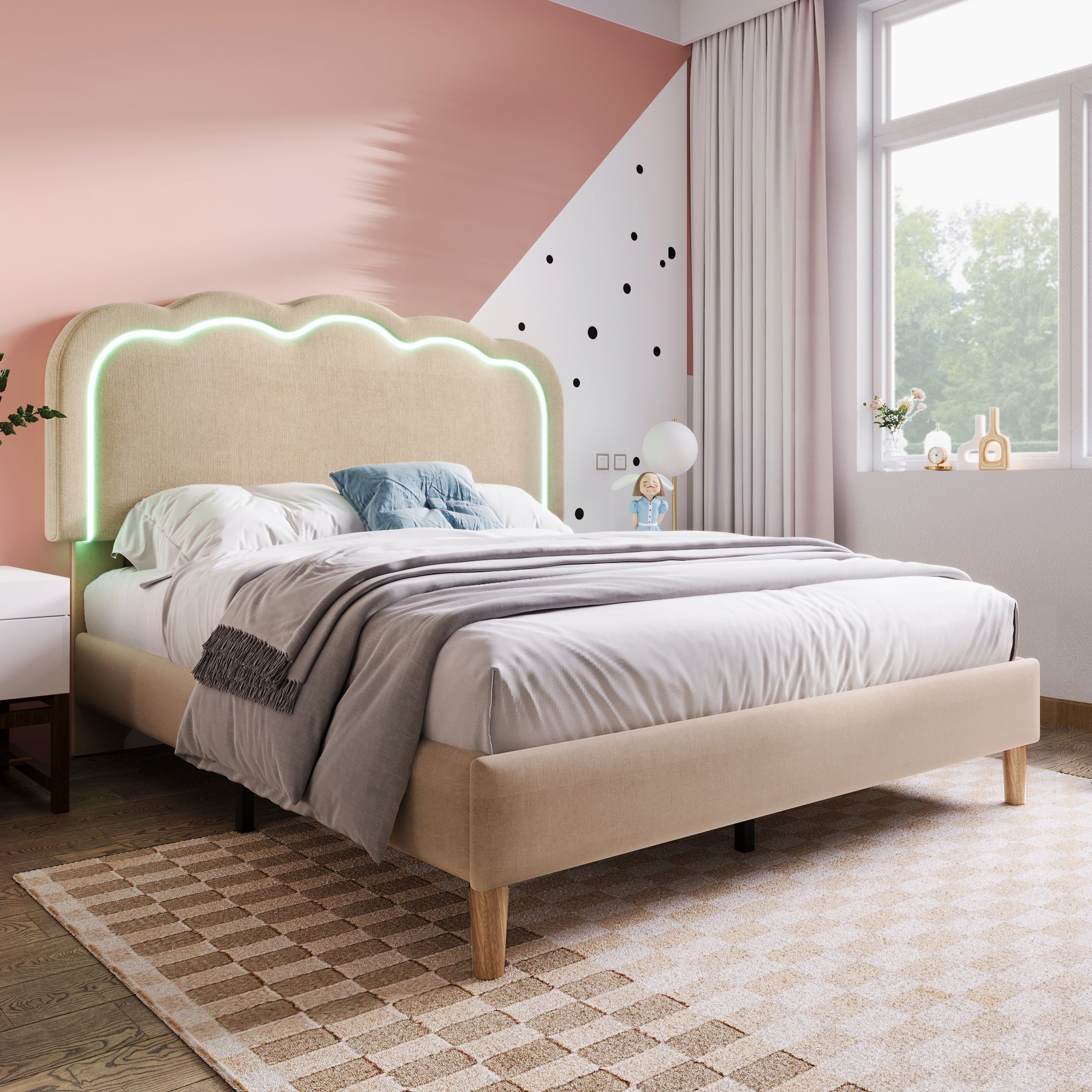 Logidon gestoffeerd bed LED tweepersoonsbed 140x200 beige verstelbaar hoofdbord