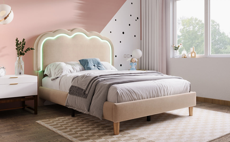 Logidon gestoffeerd bed LED 90x190 beige linnen materiaal verstelbaar hoofdeinde