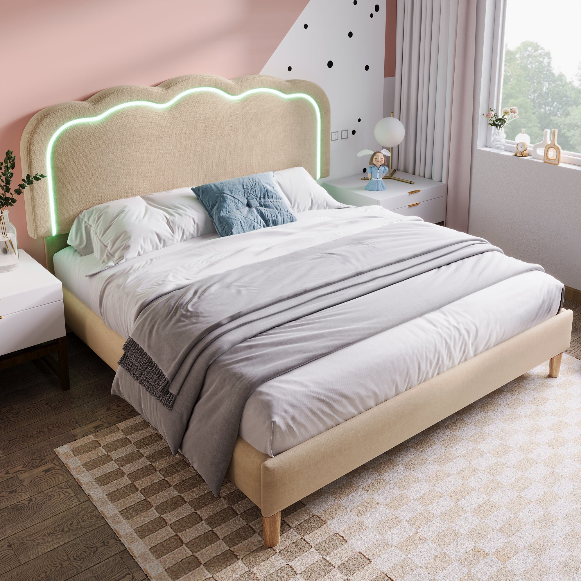 Logidon gestoffeerd bed LED tweepersoonsbed 140x200 beige verstelbaar hoofdbord
