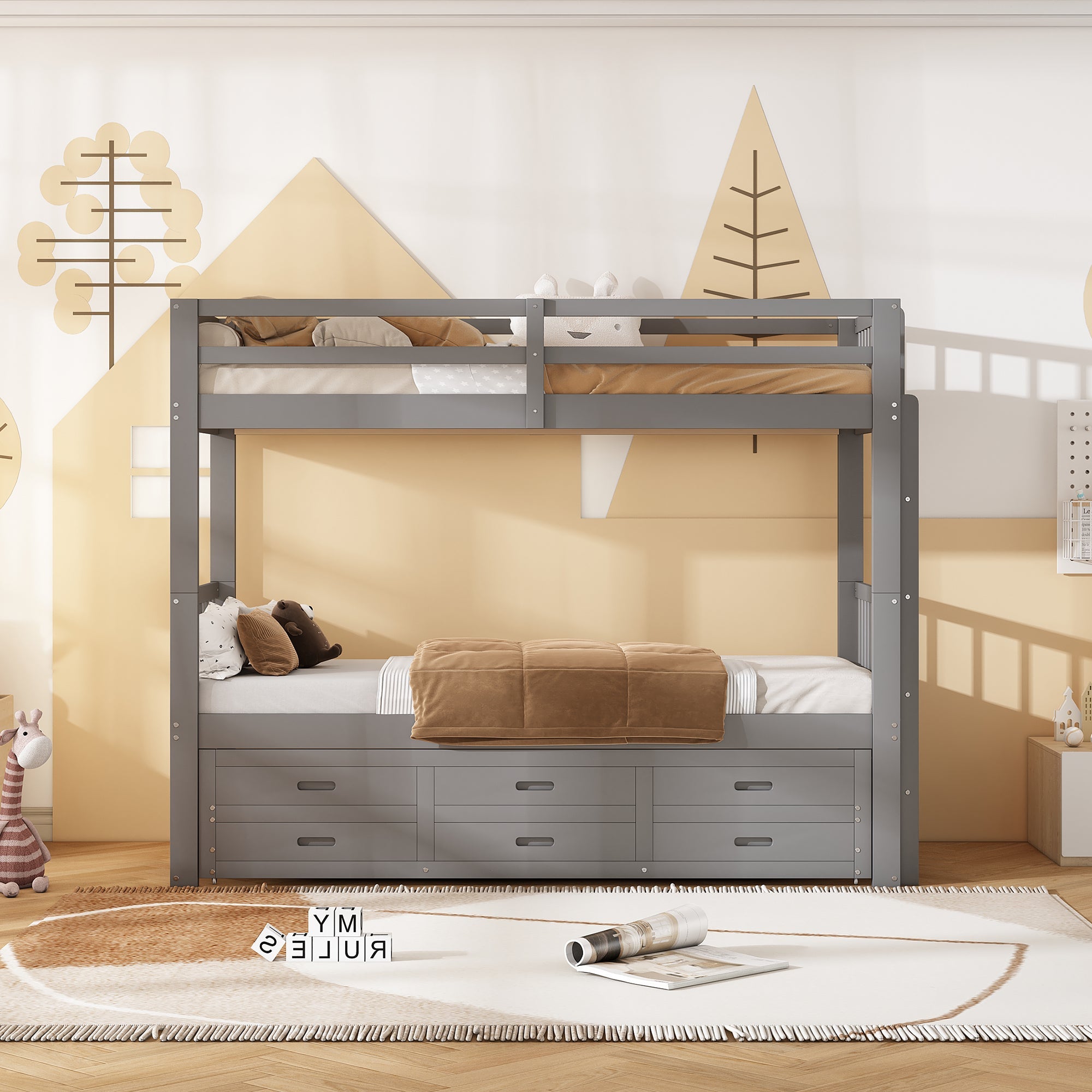 Logidon Bunk Bed 90x200 Gray With Pull-out Bed and 3 Drawers