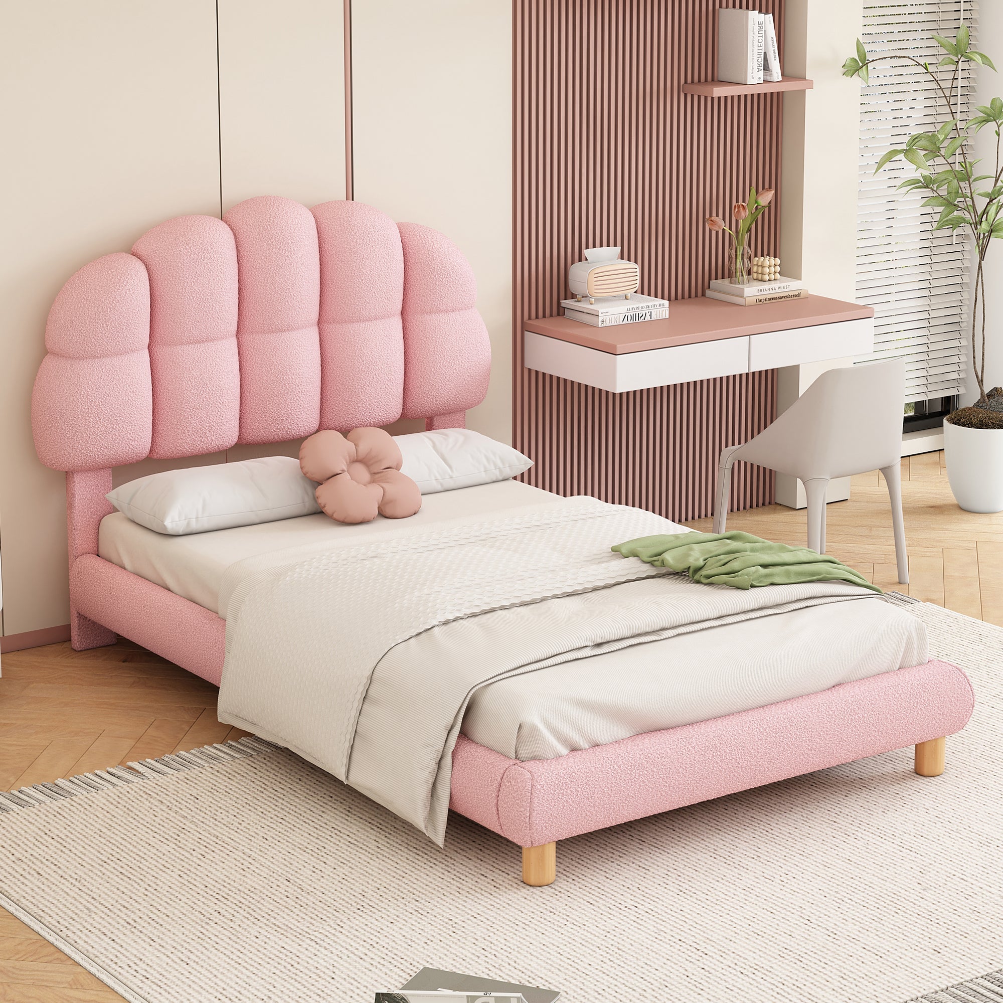 Logidon fluweel gestoffeerd bed 90x200 roze met houten lattenbodem