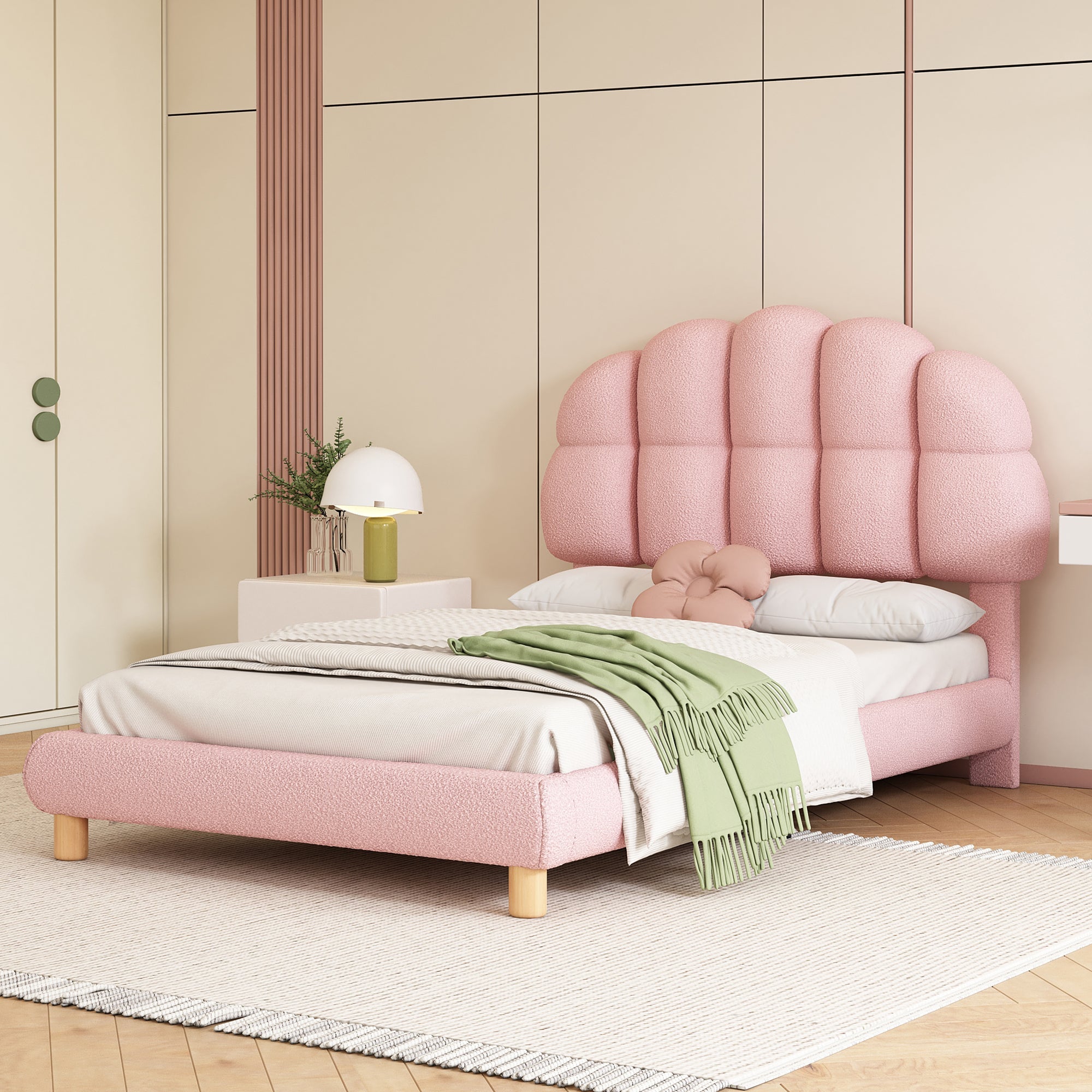 Logidon fluweel gestoffeerd bed 90x200 roze met houten lattenbodem