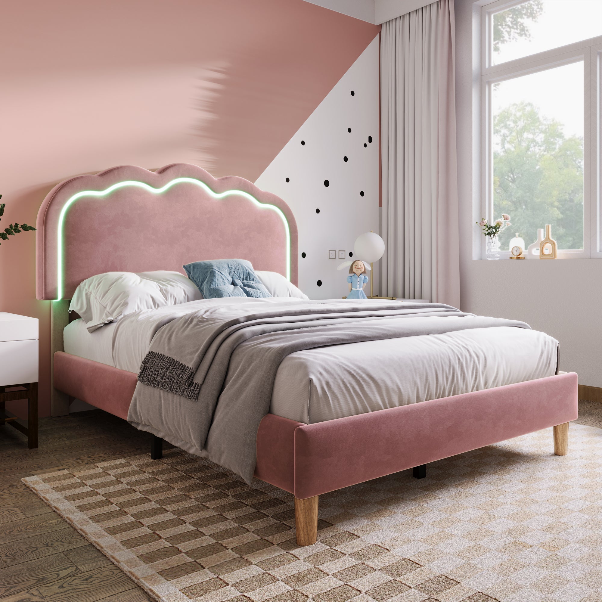 Logidon gestoffeerd bed LED 90x200 roze verstelbaar hoofdbord