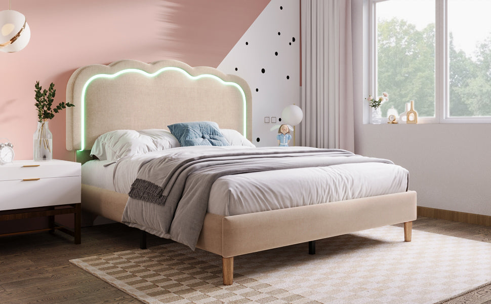 Logidon gestoffeerd bed LED tweepersoonsbed 140x200 beige verstelbaar hoofdbord
