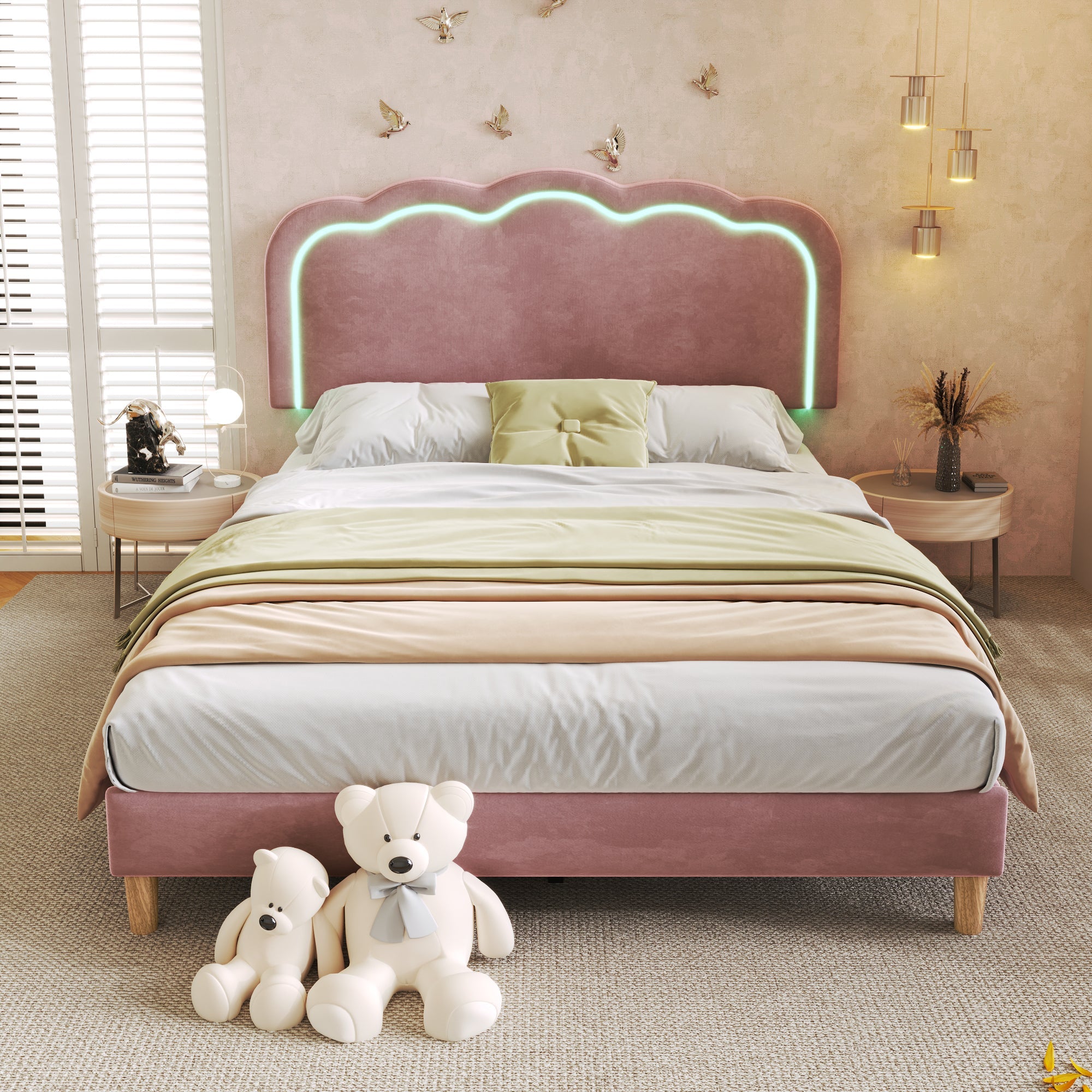 Logidon upholstered bed LED double bed 140x200 pink, adjustable headboard
