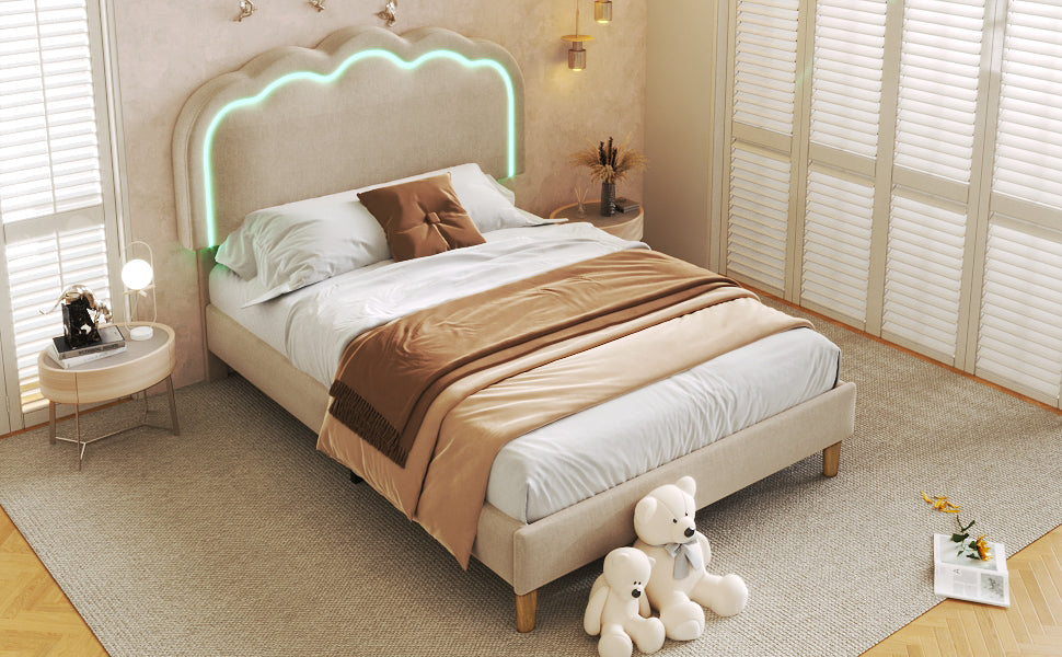 Logidon gestoffeerd bed LED 90x190 beige linnen materiaal verstelbaar hoofdeinde