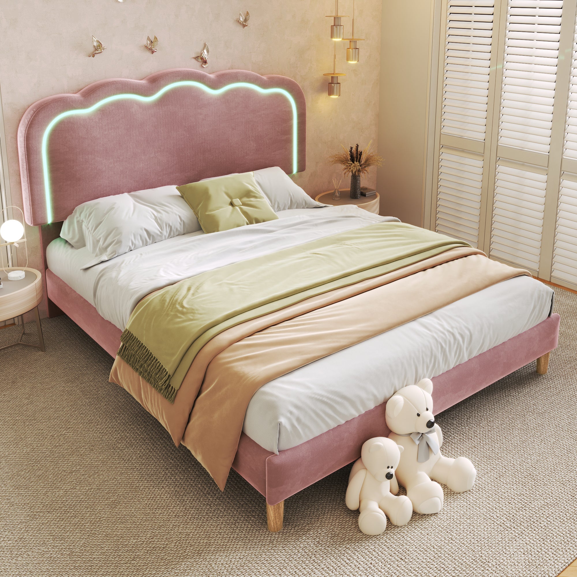 Logidon gestoffeerd bed LED tweepersoonsbed 140x200 roze, verstelbaar hoofdbord