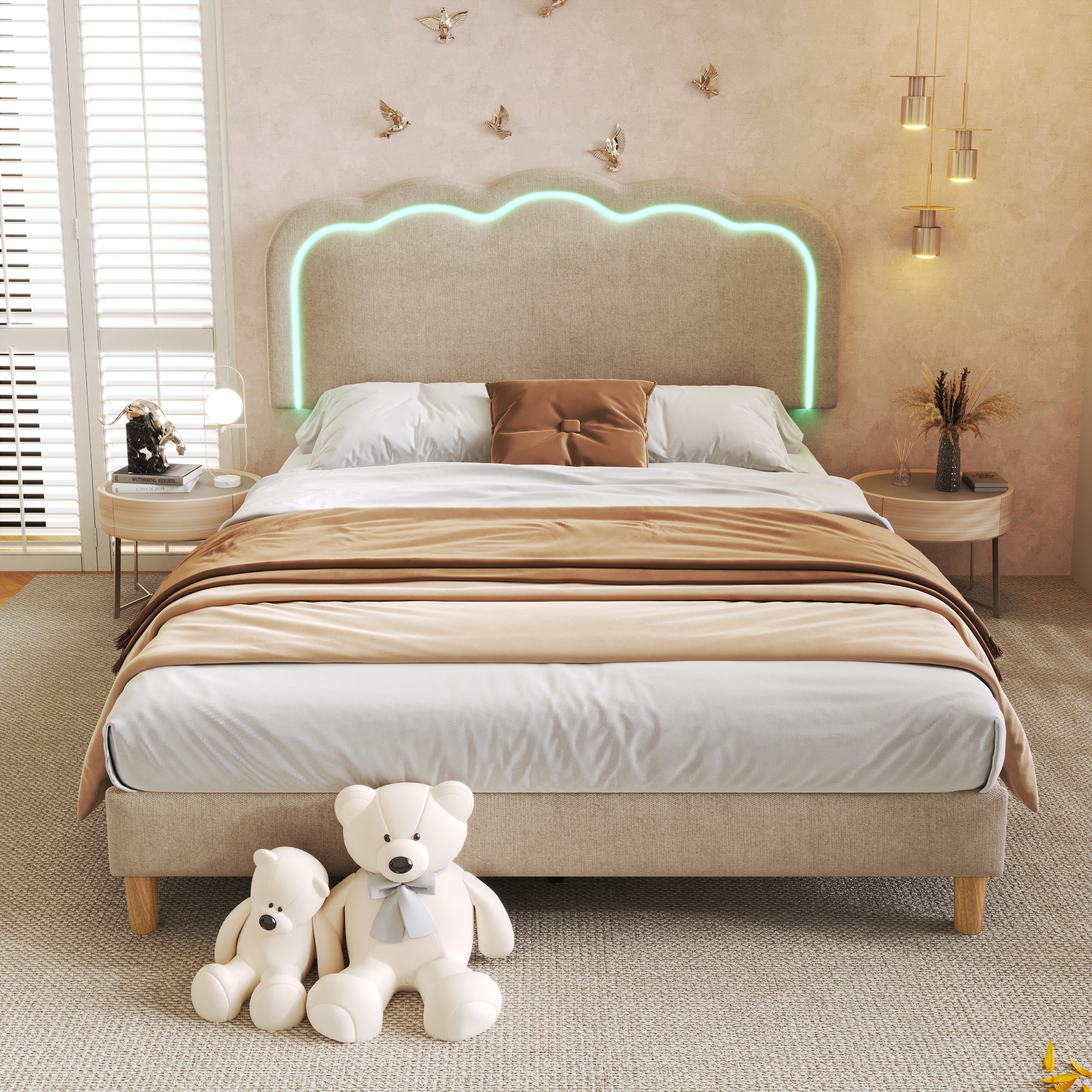 Logidon gestoffeerd bed LED tweepersoonsbed 140x200 beige verstelbaar hoofdbord