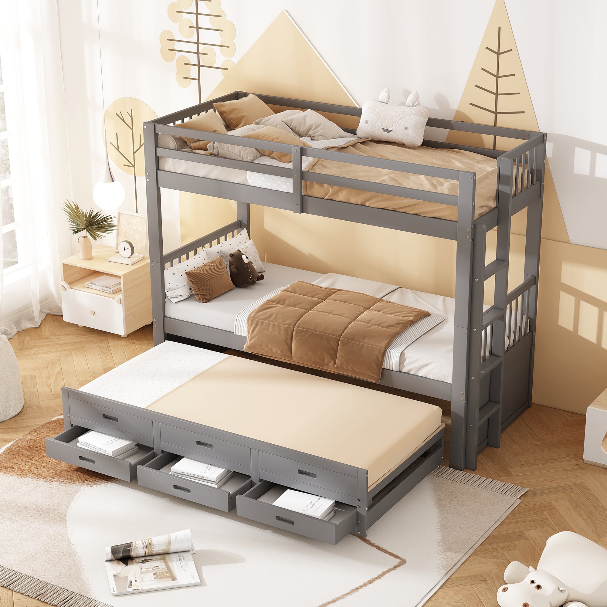 Logidon Bunk Bed 90x200 Gray With Pull-out Bed and 3 Drawers