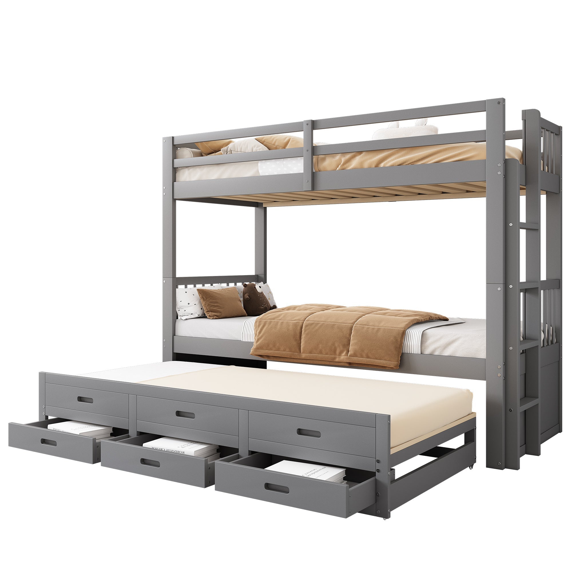 Logidon Bunk Bed 90x200 Gray With Pull-out Bed and 3 Drawers
