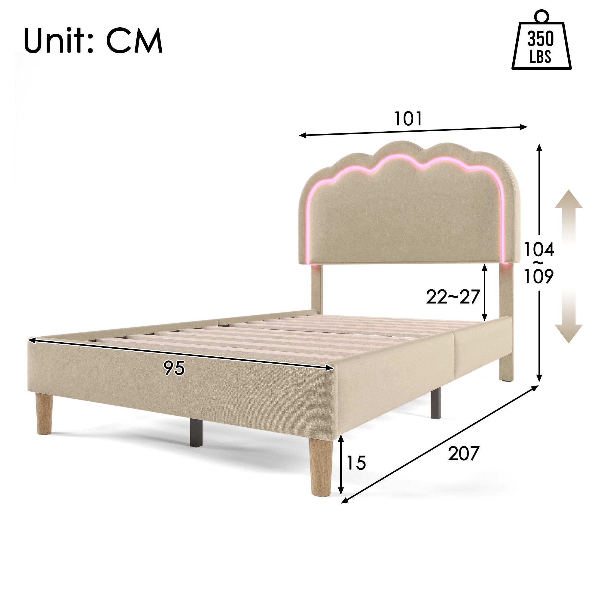 Logidon gestoffeerd bed LED 90x200 beige verstelbaar hoofdeinde