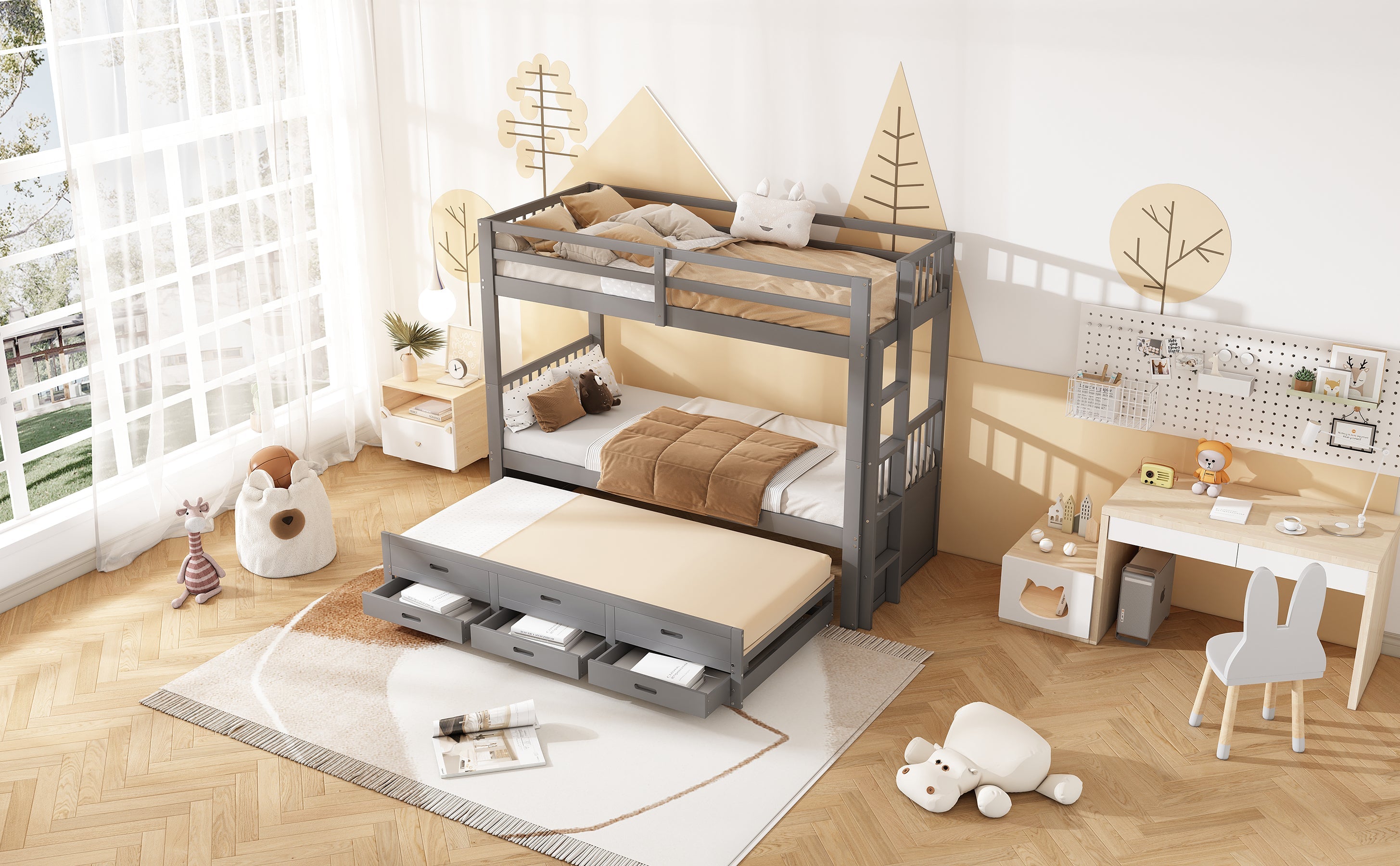 Logidon Bunk Bed 90x200 Gray With Pull-out Bed and 3 Drawers
