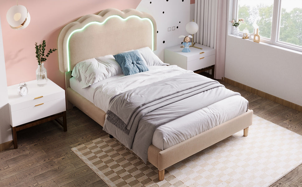 Logidon gestoffeerd bed LED 90x190 beige linnen materiaal verstelbaar hoofdeinde