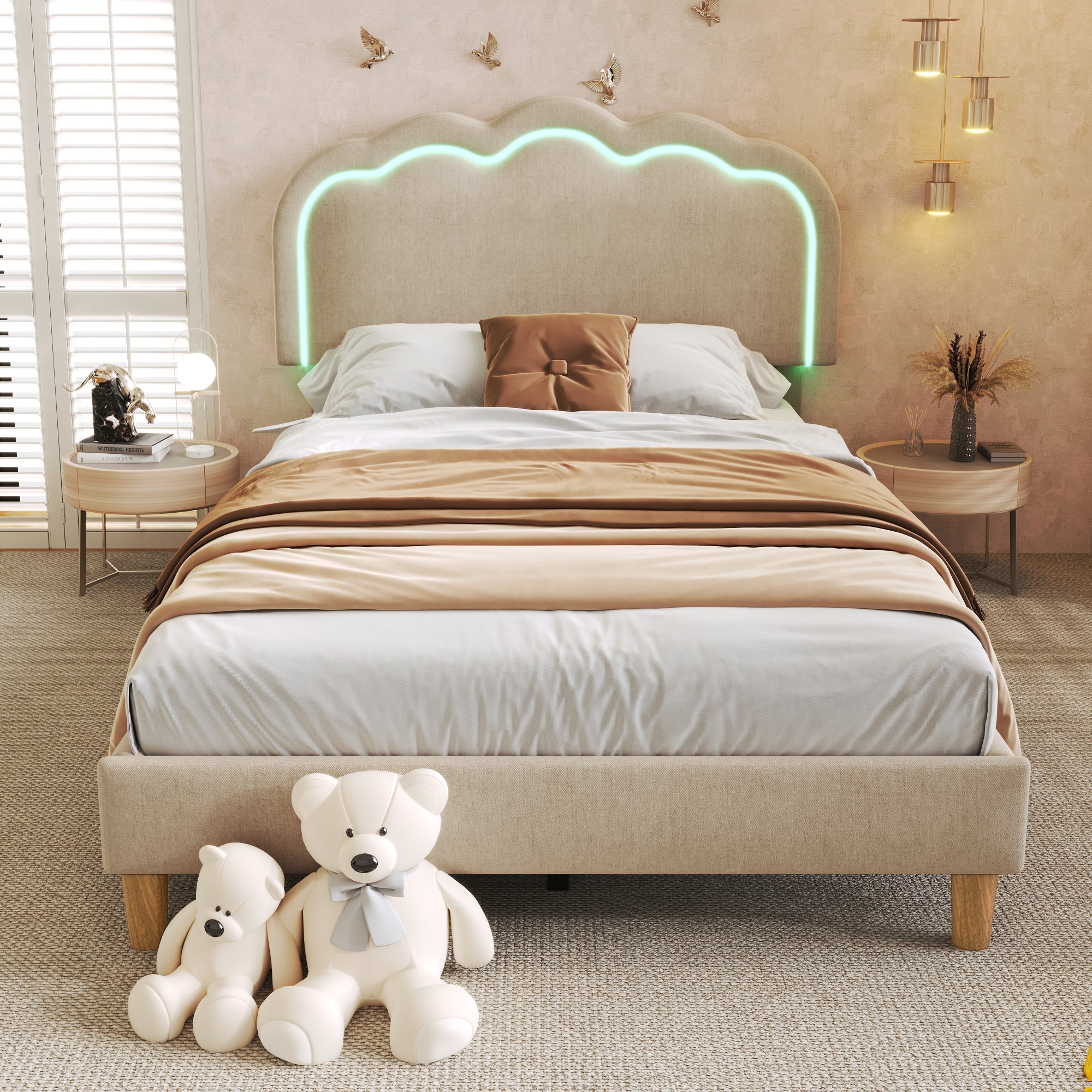 Logidon gestoffeerd bed LED 90x200 beige verstelbaar hoofdeinde