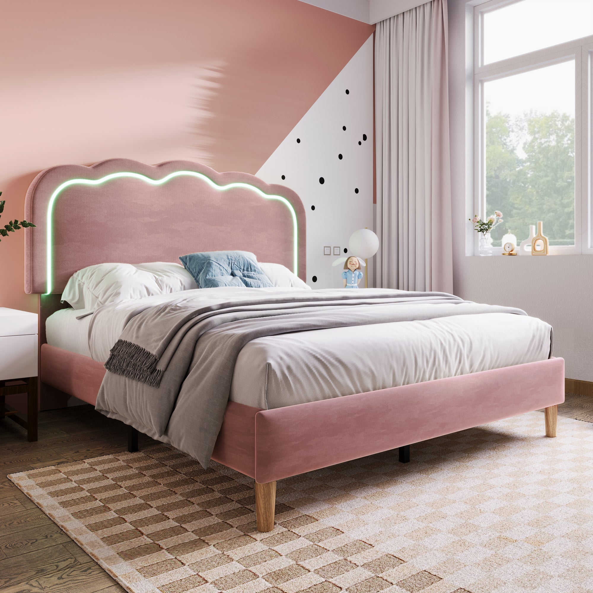 Logidon upholstered bed LED double bed 140x200 pink, adjustable headboard