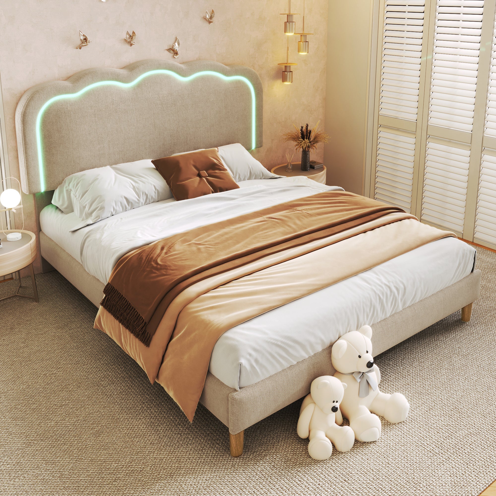 Logidon gestoffeerd bed LED tweepersoonsbed 140x200 beige verstelbaar hoofdbord