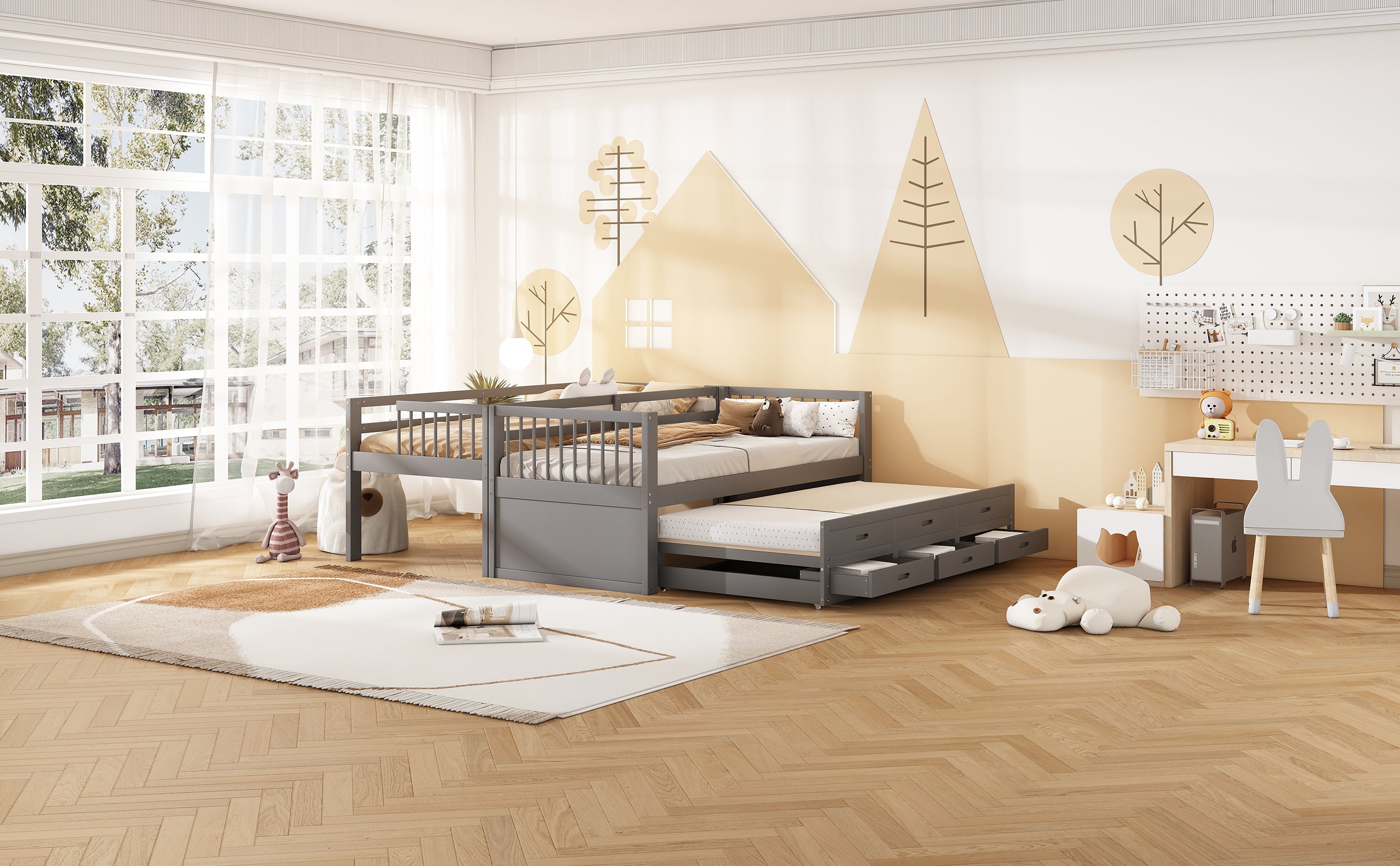 Logidon Bunk Bed 90x200 Gray With Pull-out Bed and 3 Drawers