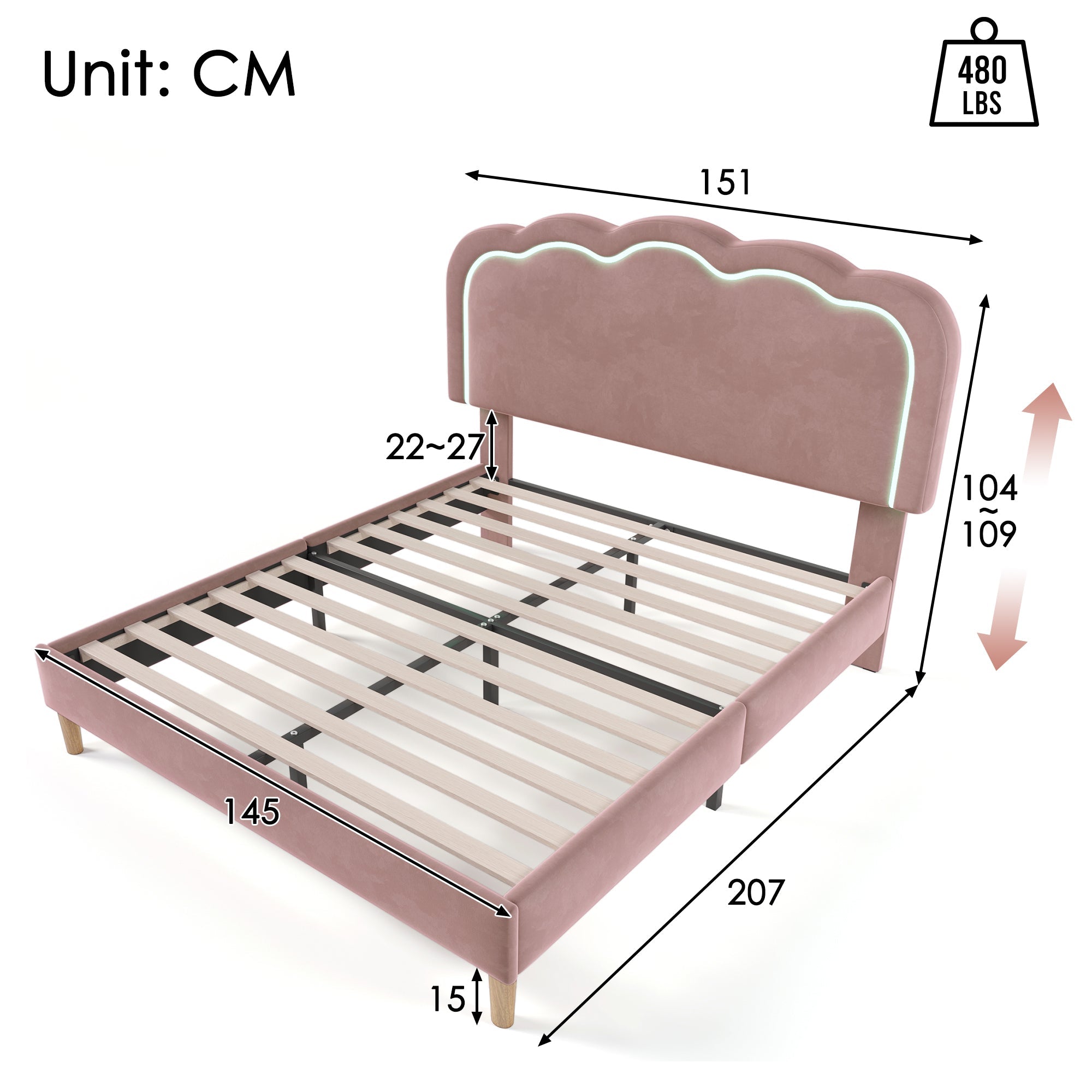 Logidon gestoffeerd bed LED tweepersoonsbed 140x200 roze, verstelbaar hoofdbord
