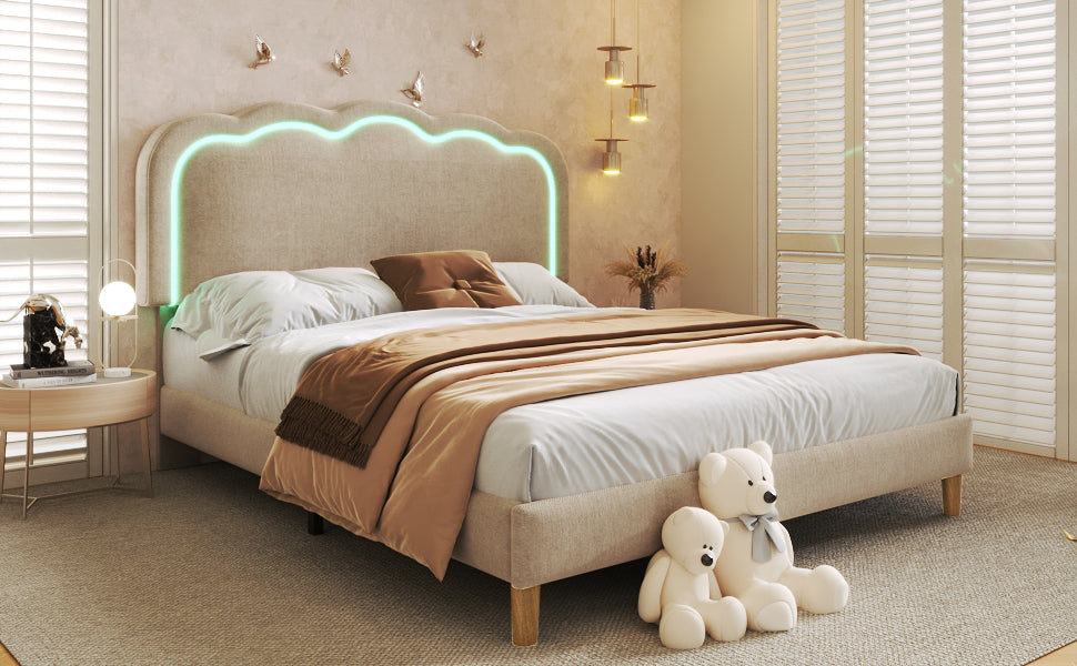 Logidon gestoffeerd bed LED tweepersoonsbed 140x200 beige verstelbaar hoofdbord