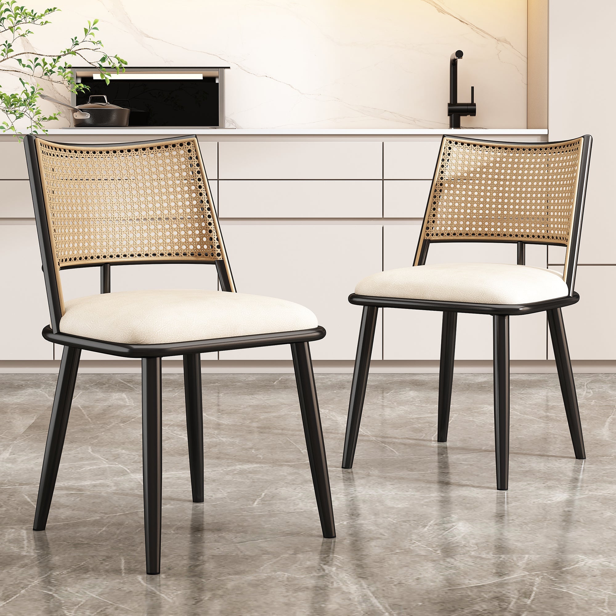Logidon Rotan Rugleuningstoel Zwart PU Zitting Set van 2