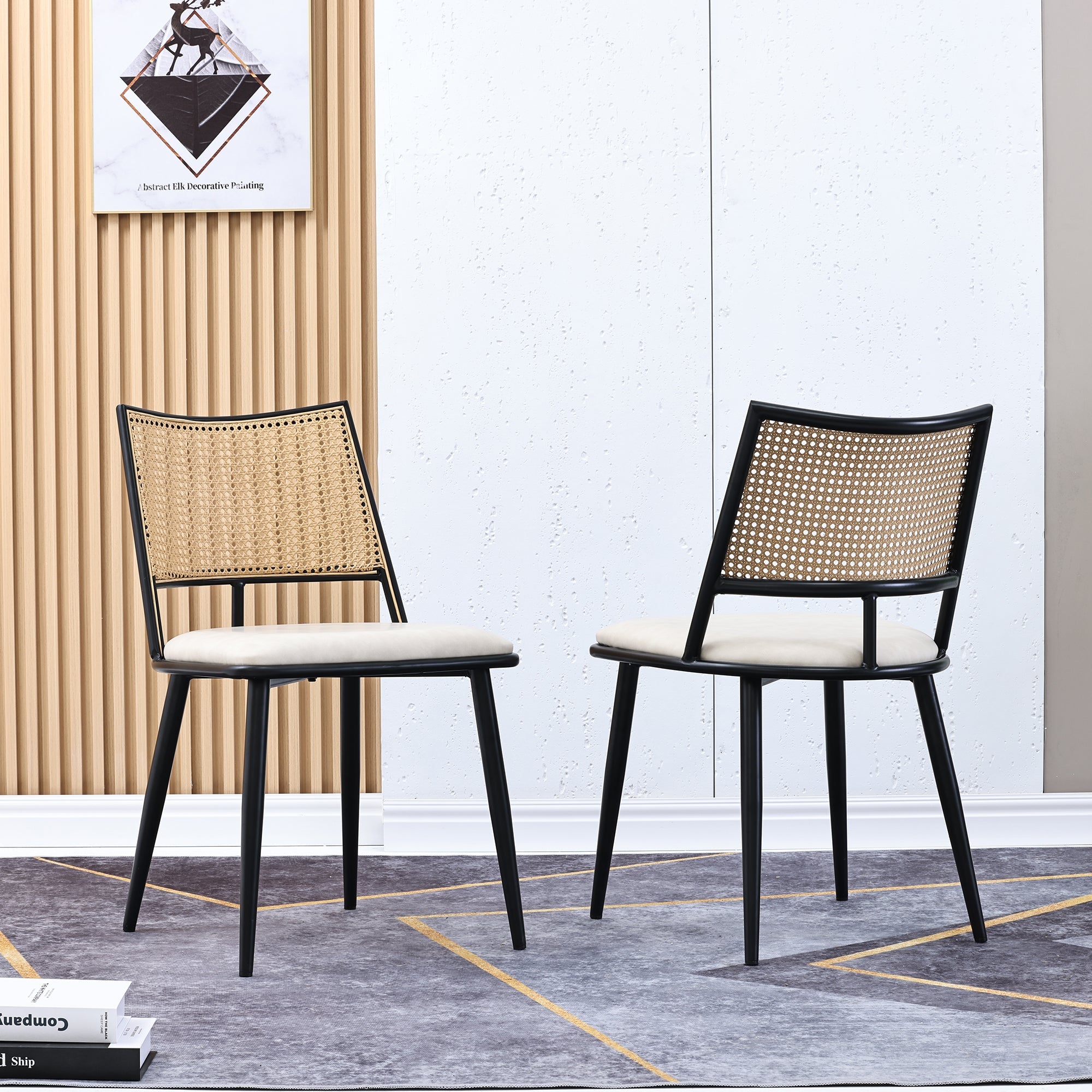 Logidon Chair PU Seat Rattan Backrest Black Living Room Chair