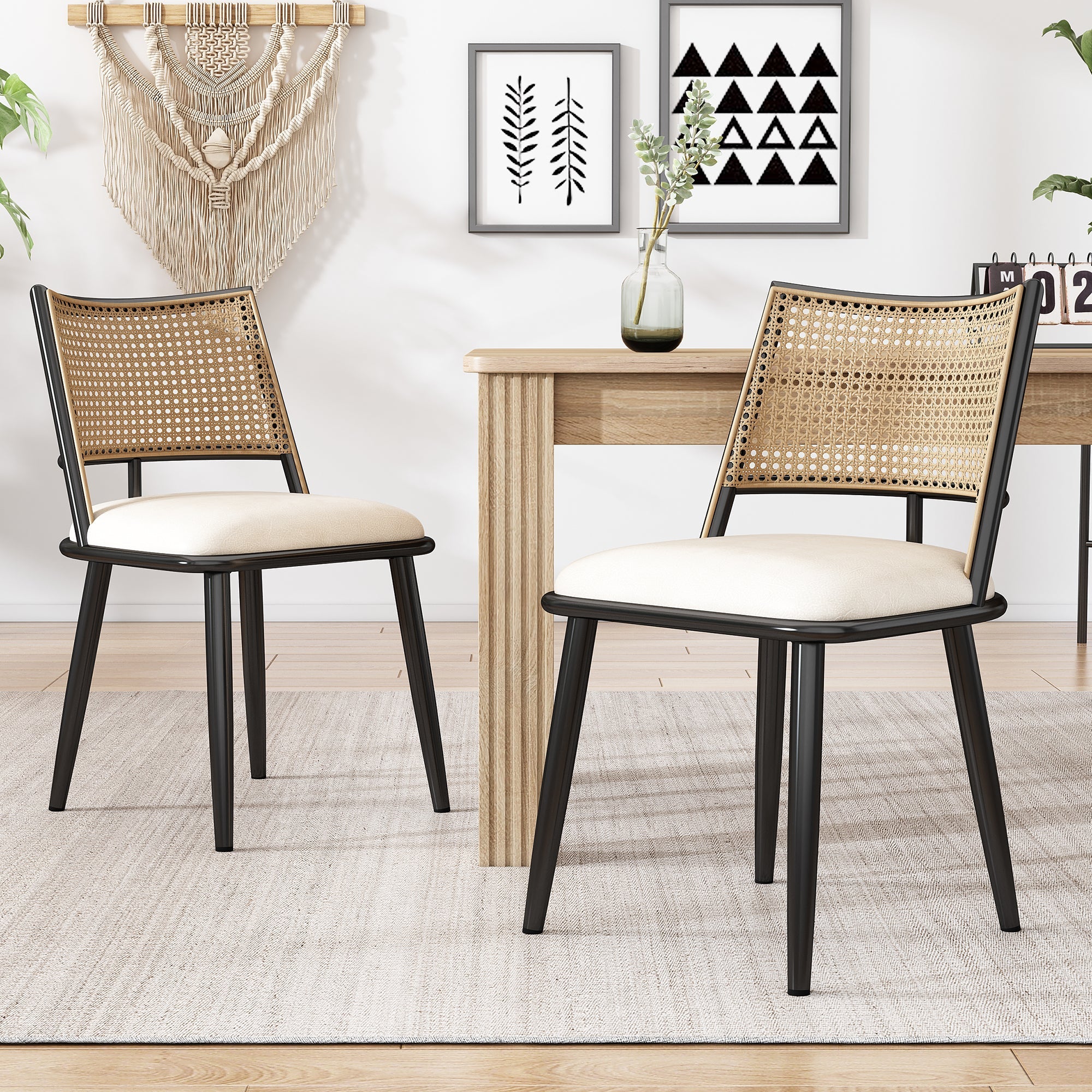 Logidon Chair PU Seat Rattan Backrest Black Living Room Chair