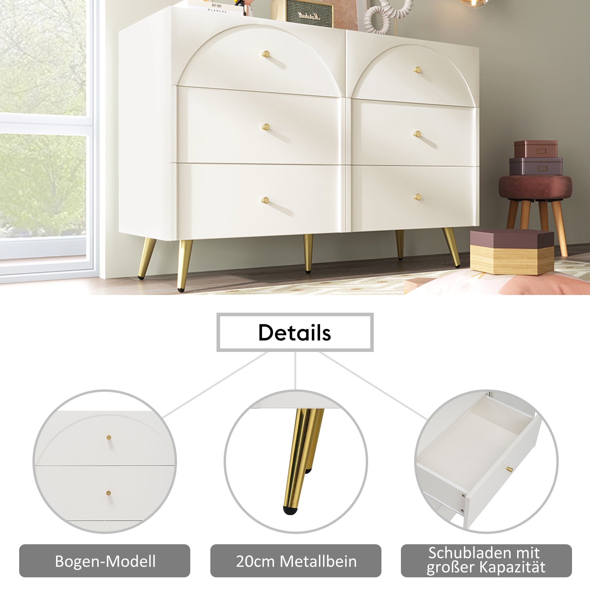Logidon chest of drawers 6 drawers cream white H85 W120 D40 cm