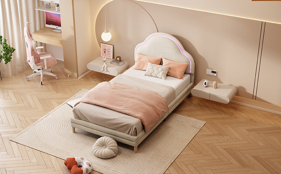 Logidon gestoffeerd bed met wolkenhoofdbord LED-verlichting 90x200 cm beige