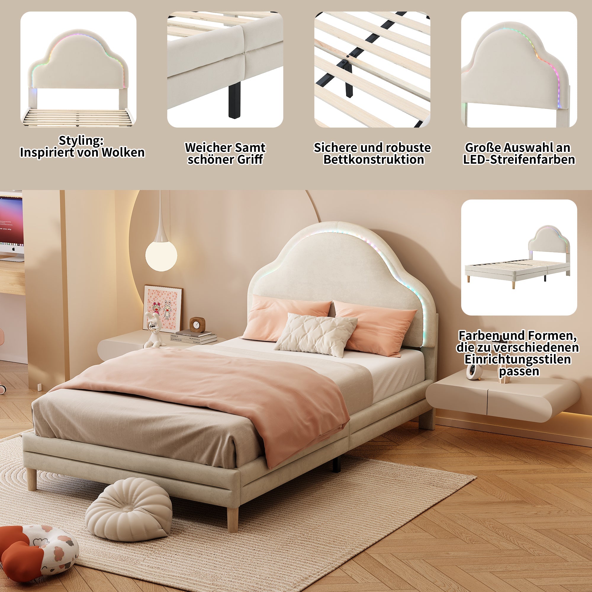 Logidon gestoffeerd bed met wolkenhoofdbord LED-verlichting 90x200 cm beige