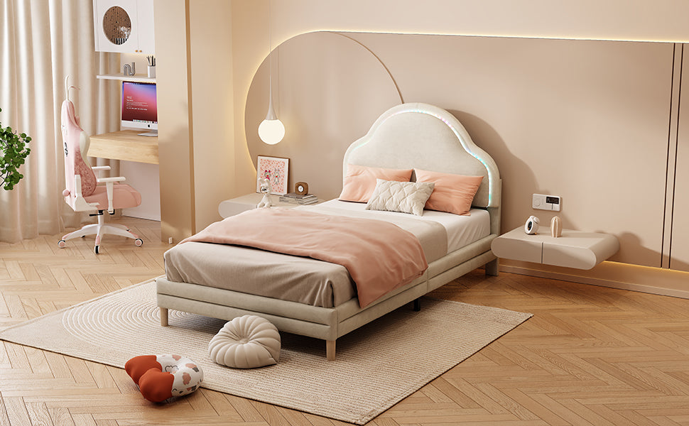 Logidon gestoffeerd bed met wolkenhoofdbord LED-verlichting 90x200 cm beige