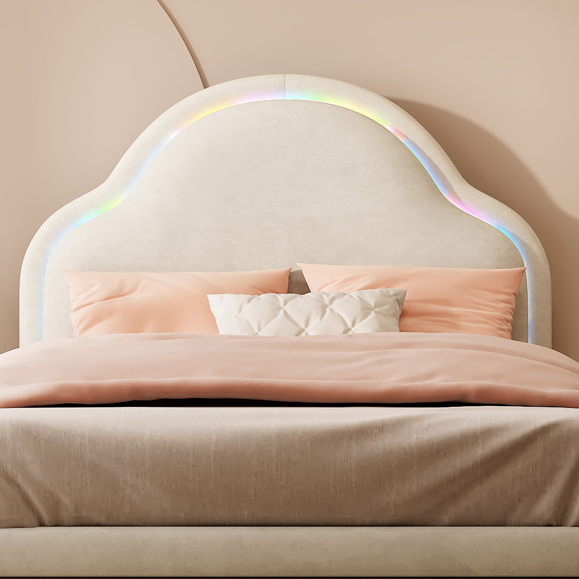 Logidon gestoffeerd bed met wolkenhoofdbord LED-verlichting 90x200 cm beige