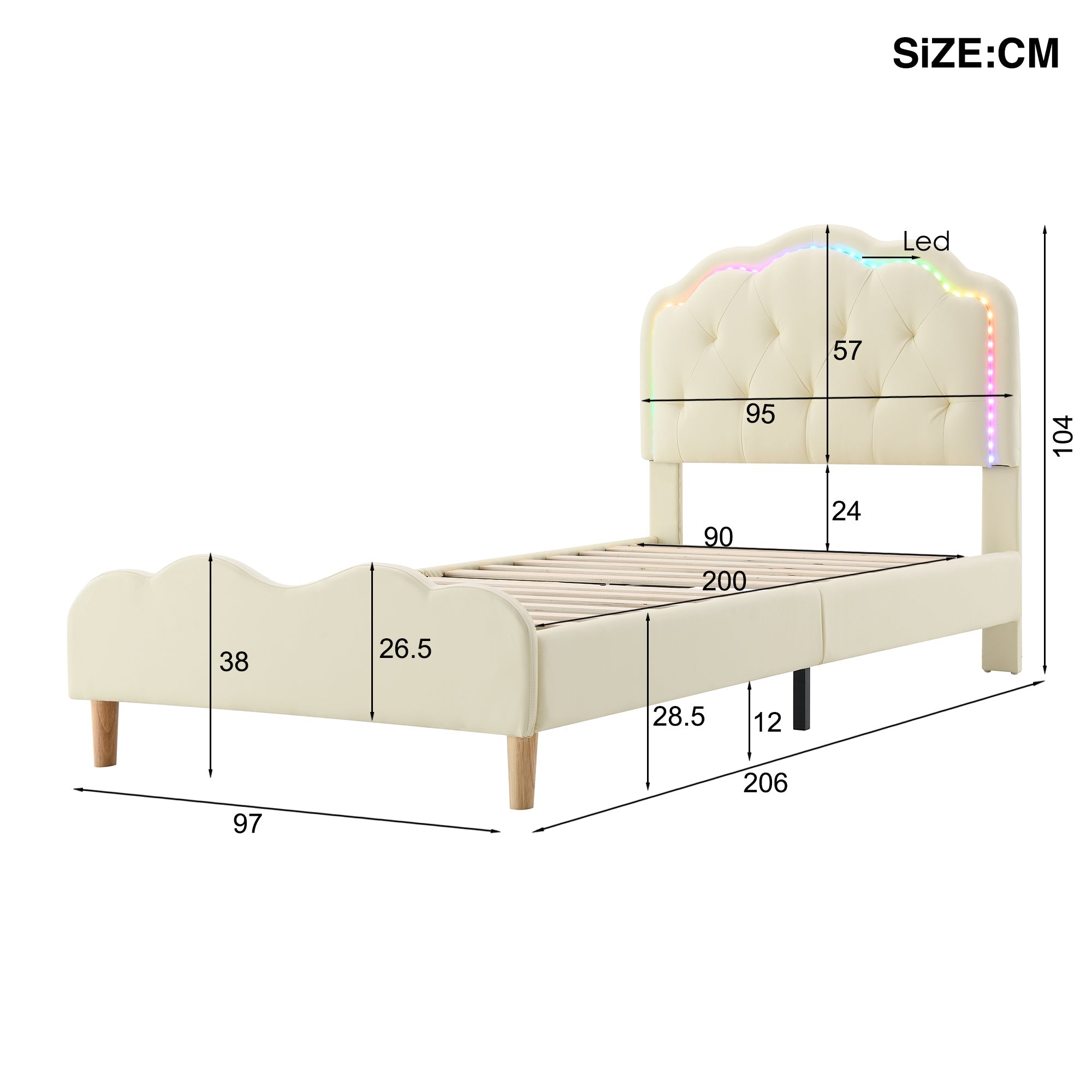 Logidon gestoffeerd bed 90x200cm wit wave hoofdbord LED