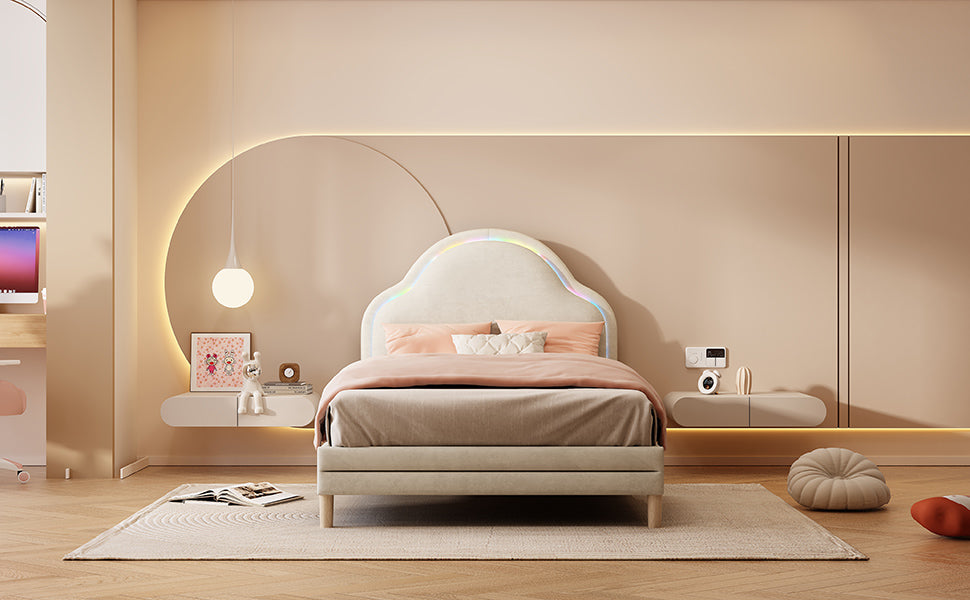 Logidon gestoffeerd bed met wolkenhoofdbord LED-verlichting 90x200 cm beige